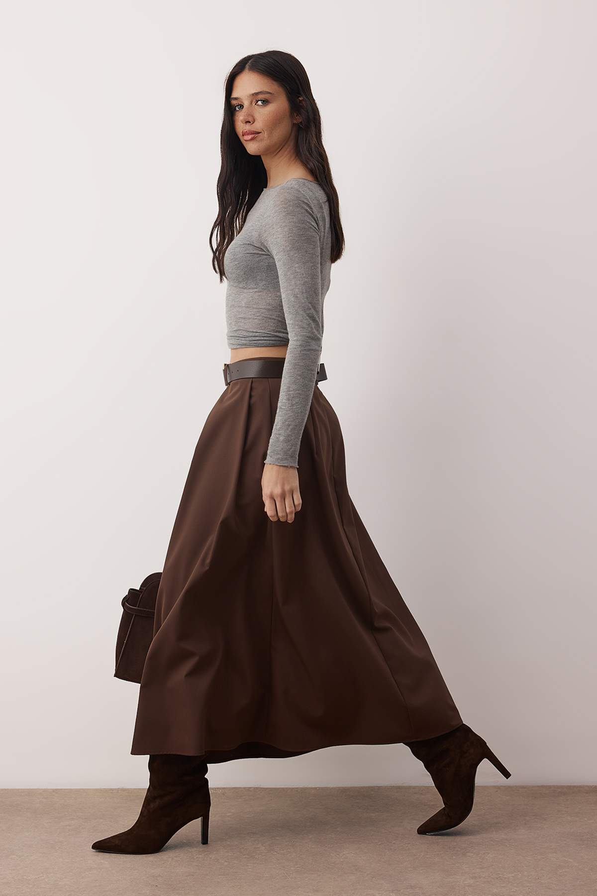Trendyolmilla  Koyu Kahverengi Kemerli Çan/A-Line Dokuma Uzun Maxi Etek TWOAW26ET00168 - Görsel 2