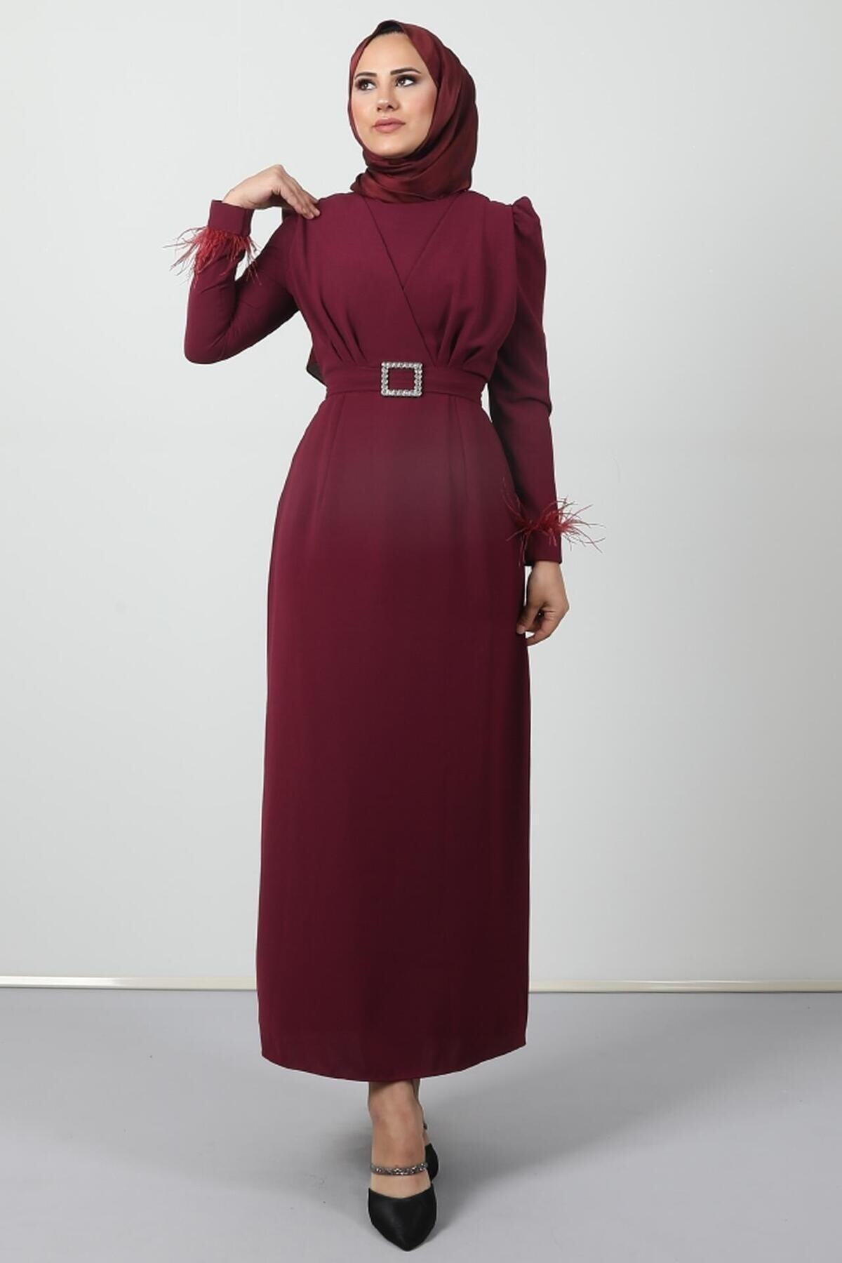 Feather Detail Modest Dress Cherry