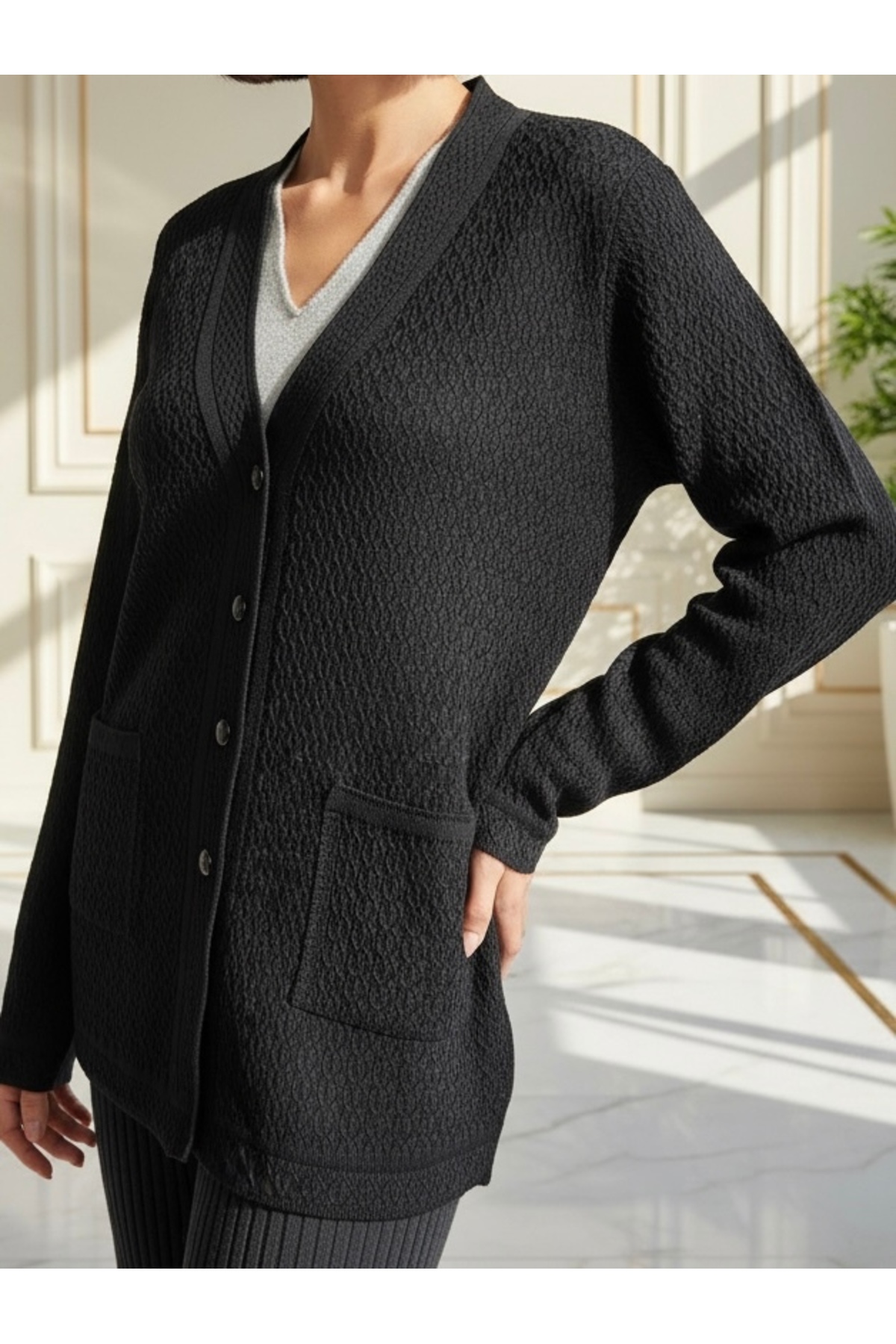 tiriTEK TRİKO  Şık Desenli TEK TRİKO Modern Anne Hırka / Siyah - Görsel 3