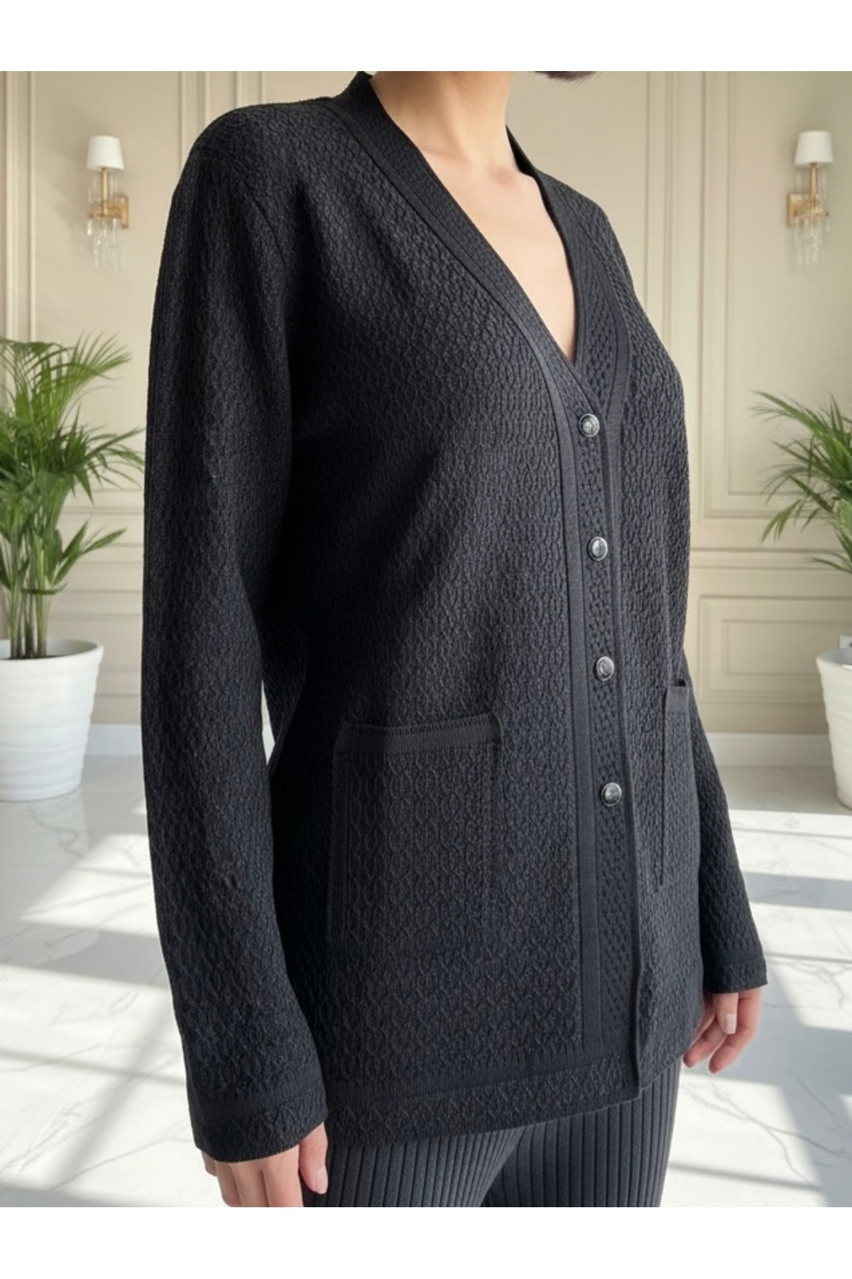 tiriTEK TRİKO  Şık Desenli TEK TRİKO Modern Anne Hırka / Siyah - Görsel 5