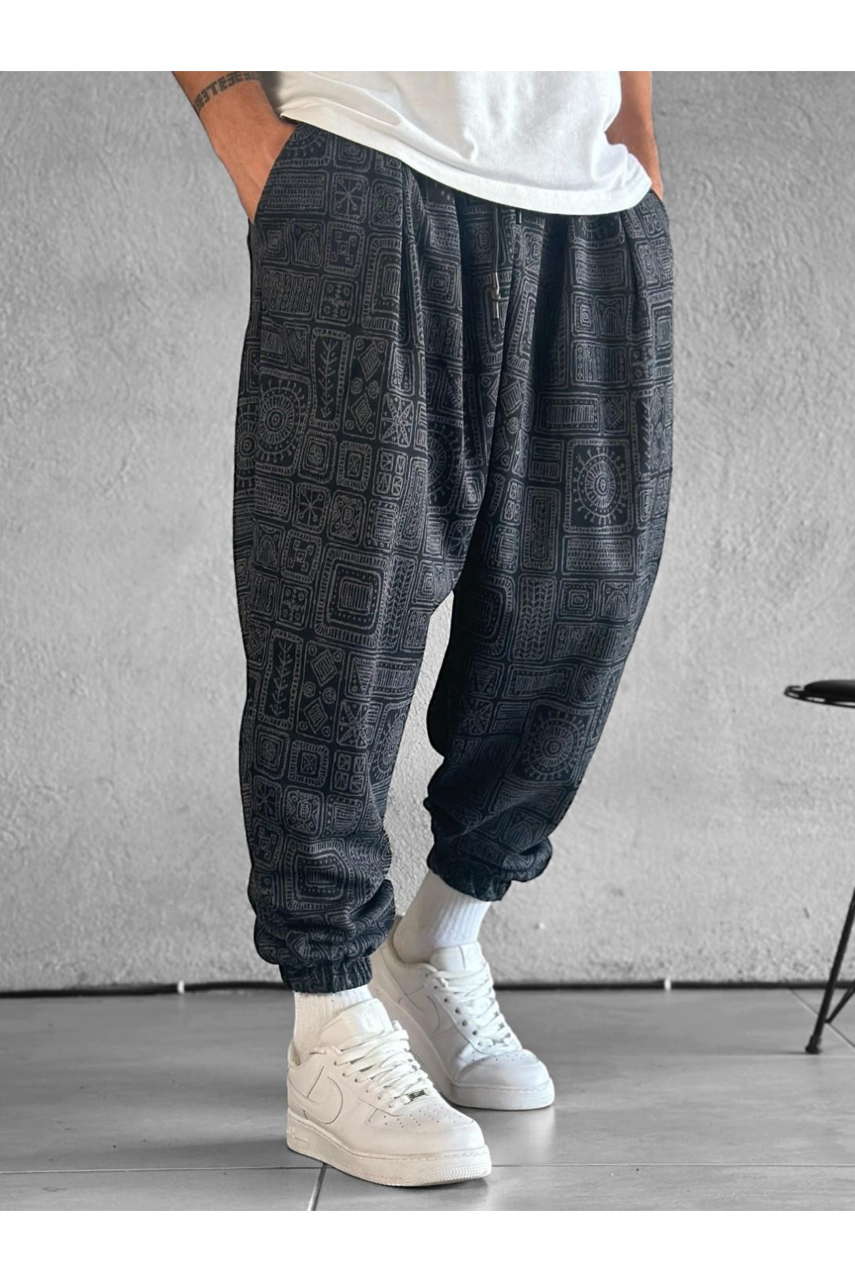 COCOPELLI  Erkek Gri Lahit Desenli Lazer Kesim Pileli Yarım Şalvar Pantolon COC2017