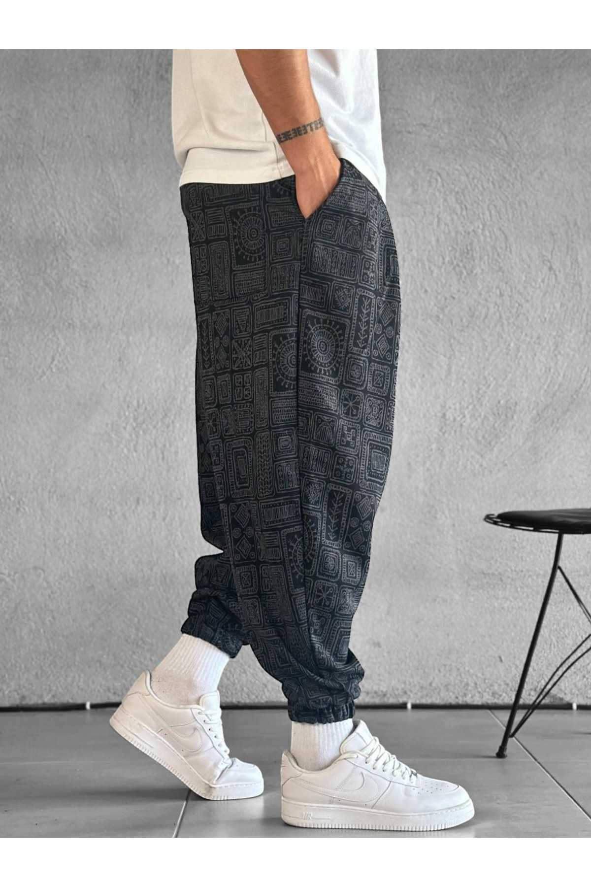 COCOPELLI  Erkek Gri Lahit Desenli Lazer Kesim Pileli Yarım Şalvar Pantolon COC2017 - Görsel 4