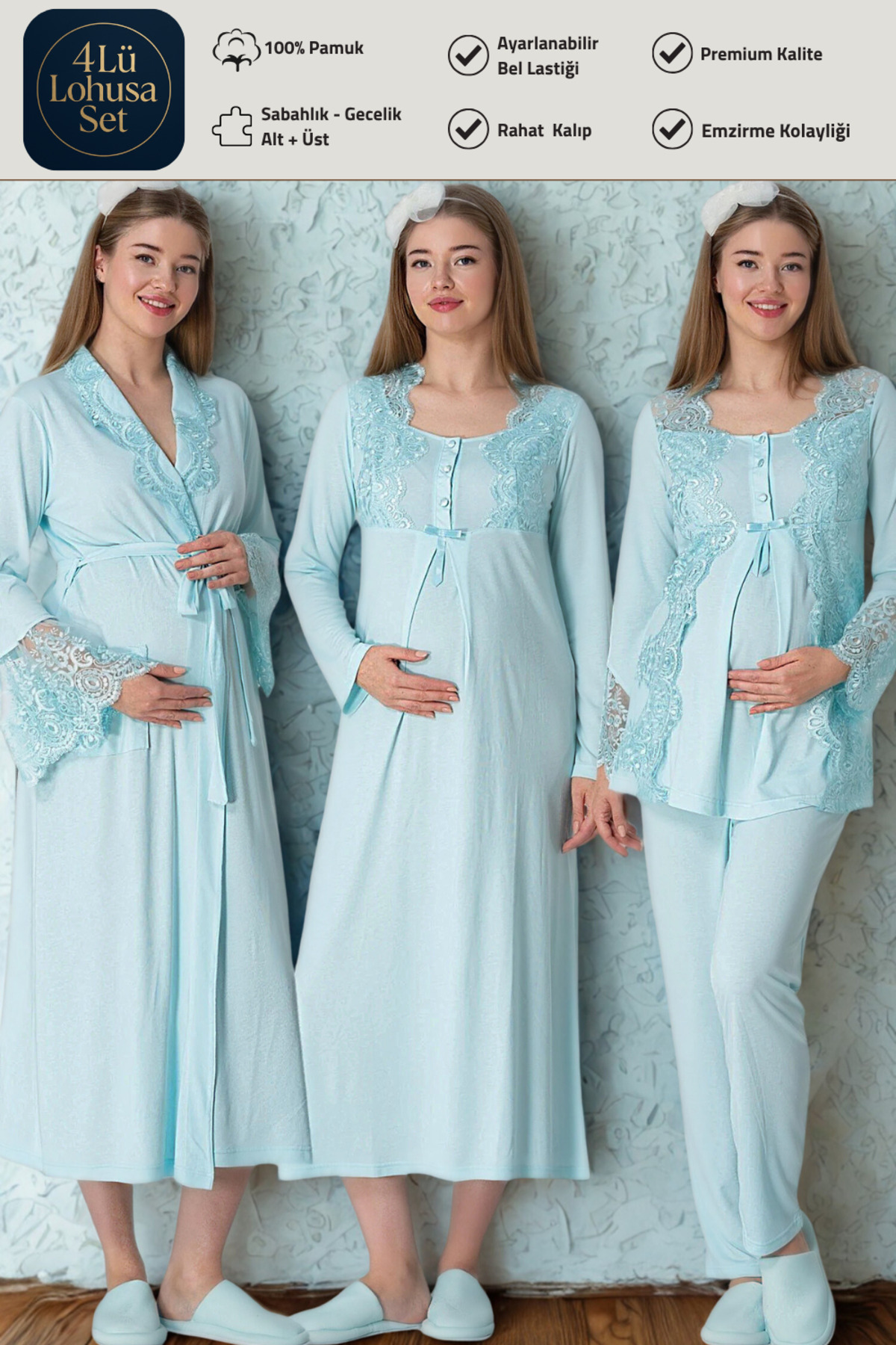 bigmama Uzun Kollu Kadın Dantelli Lohusa Hamile Sabahlık Gecelik Pijama4Lü Set-Yüksek Kalite 100%Pamuk Modal