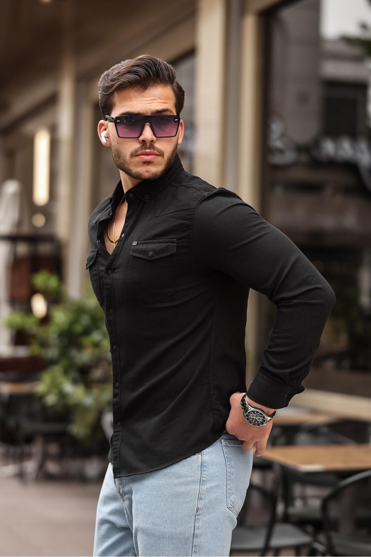 comstar  Slim Fit Çıtçıtlı Çift Cep Kot Gömlek - Görsel 5