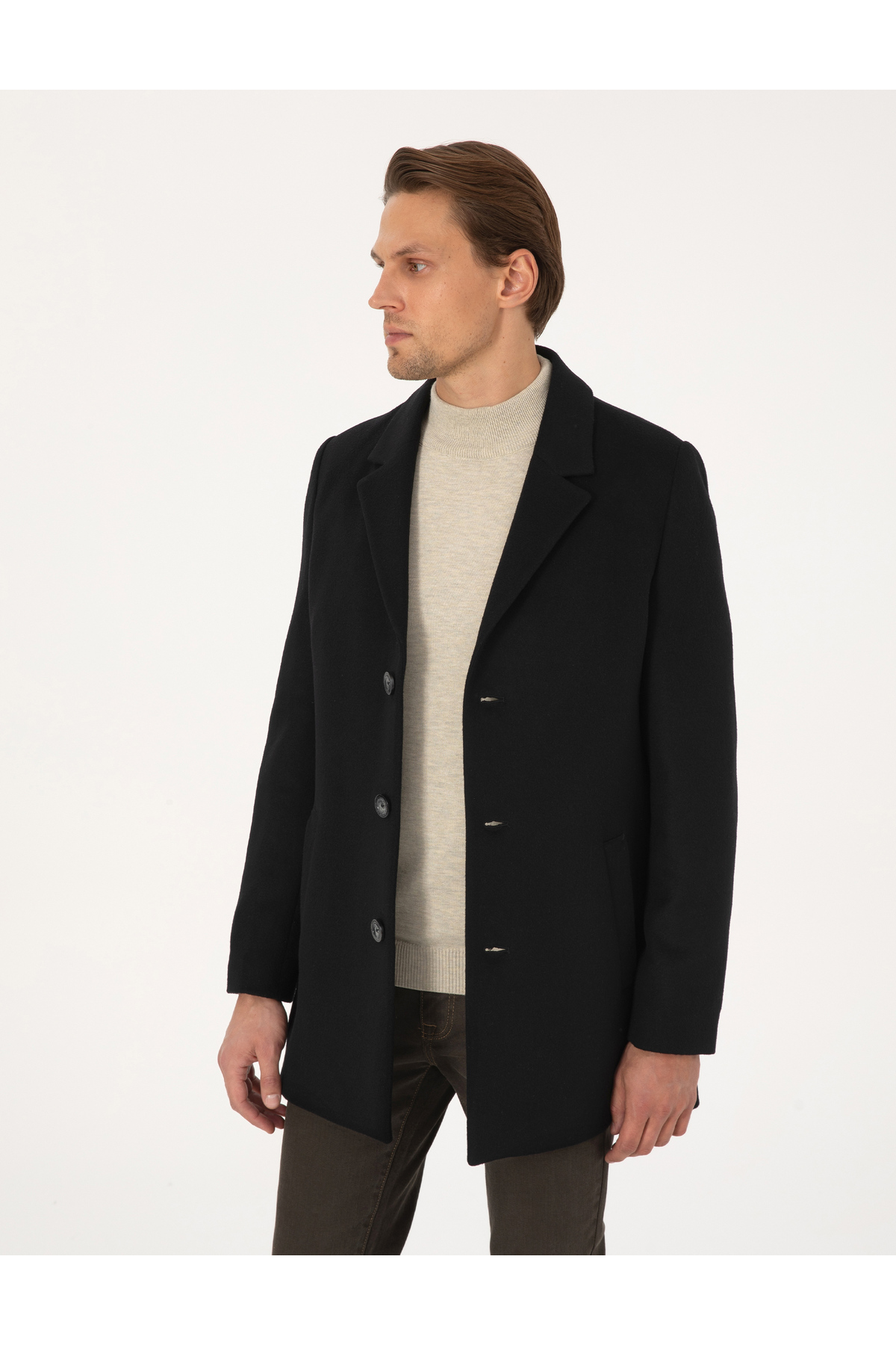 Pierre Cardin  Siyah Ekstra Slim Fit Yün Karışımlı Kaşe Kaban 50297487-VR046 - Görsel 3