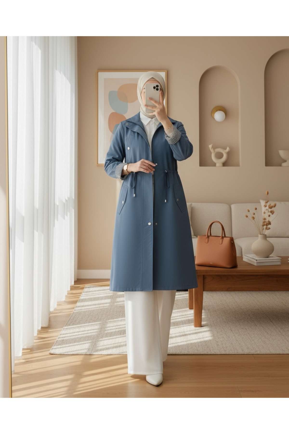 Modamorfo Tünel Bağcıklı Üst Cep Detaylı Astarsız Yıkamalı Organik Koton Trenckot -İndigo