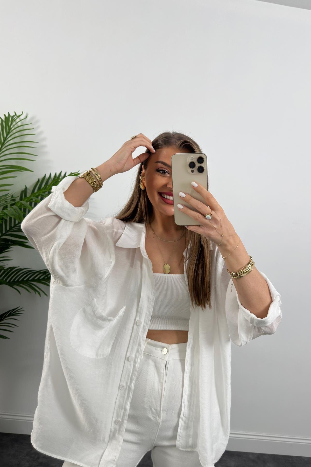 Lady Pixie Düşük Omuzlu Yazlık Kumaş Oversize Gömlek görsel 2