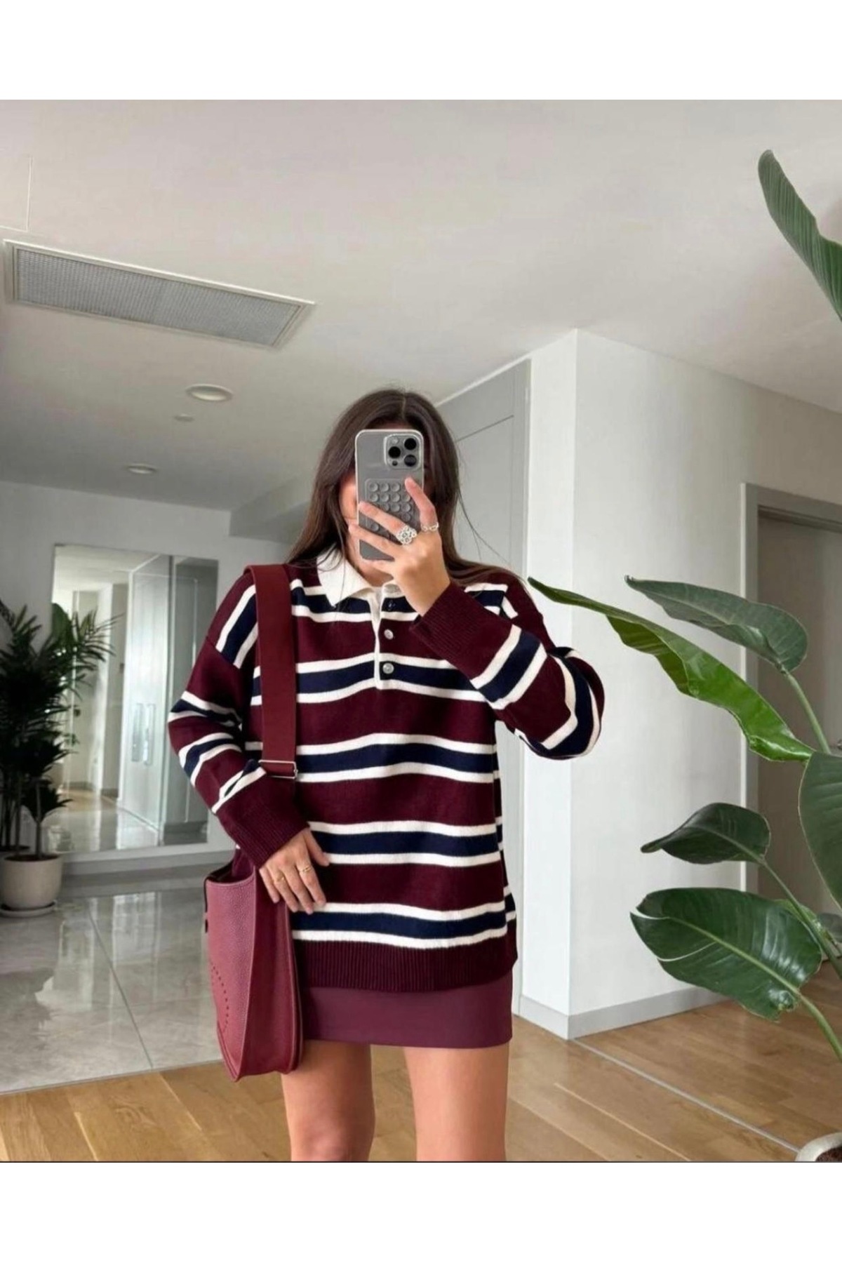 Gülce moda  Kadın Kazak Düğmeli Polo Yaka Çizgili Oversize Triko Kazak - Görsel 3