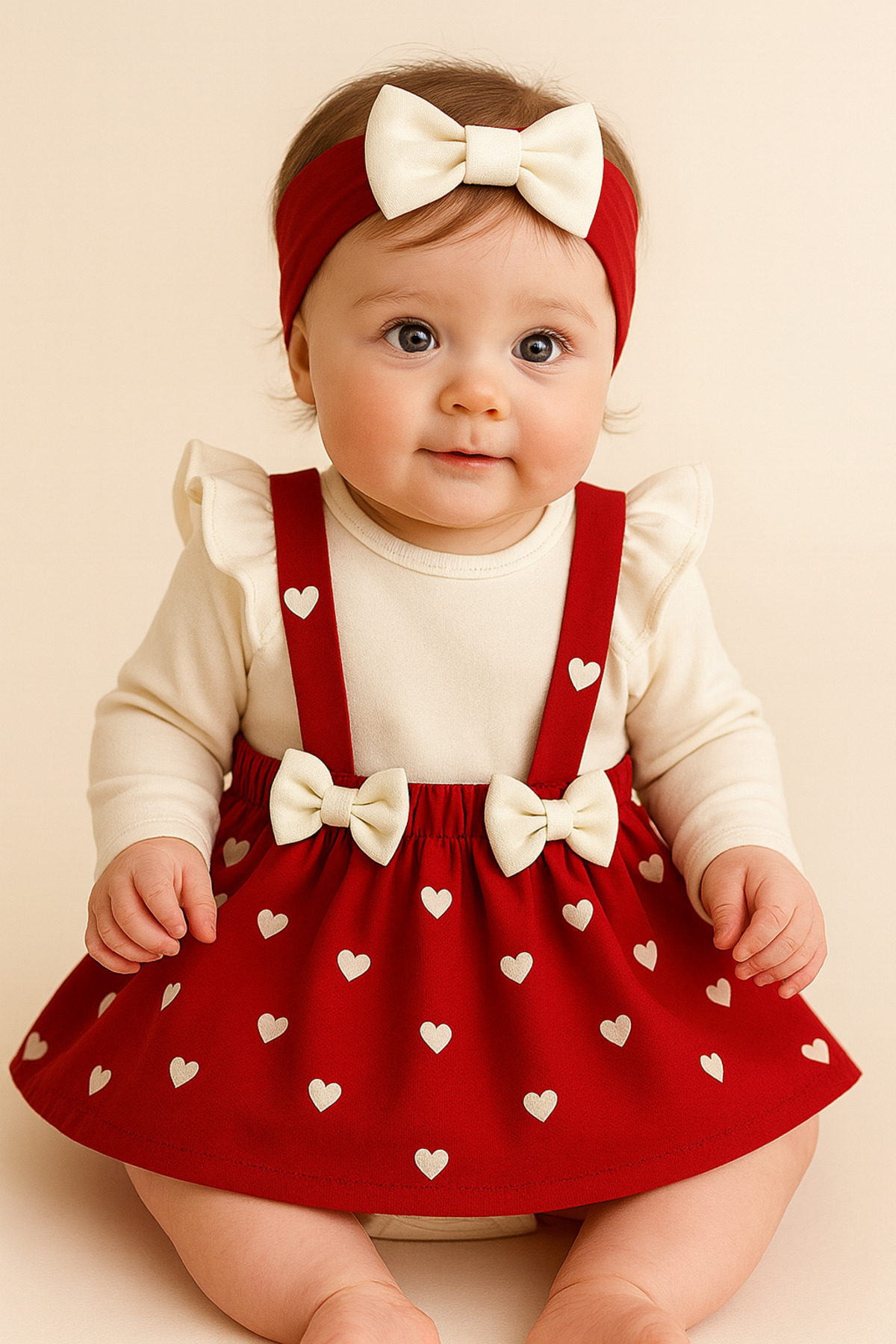 caliskanonline Fiyonk Detaylı Bandana Aksesuarlı 3lü Kız Bebek Elbise fotoğrafı 2 (önizleme)