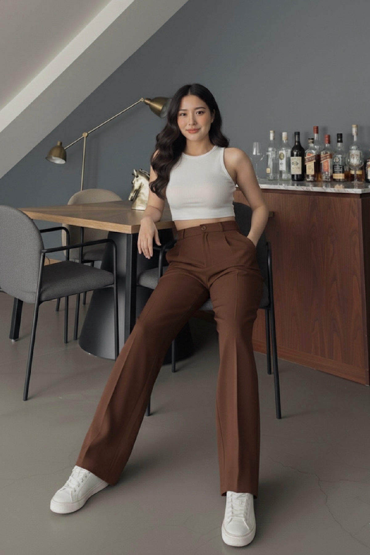 meyou bags Kadın Kahverengi Yüksek Bel Likralı Palazzo Pantolon Orjinal Kesim