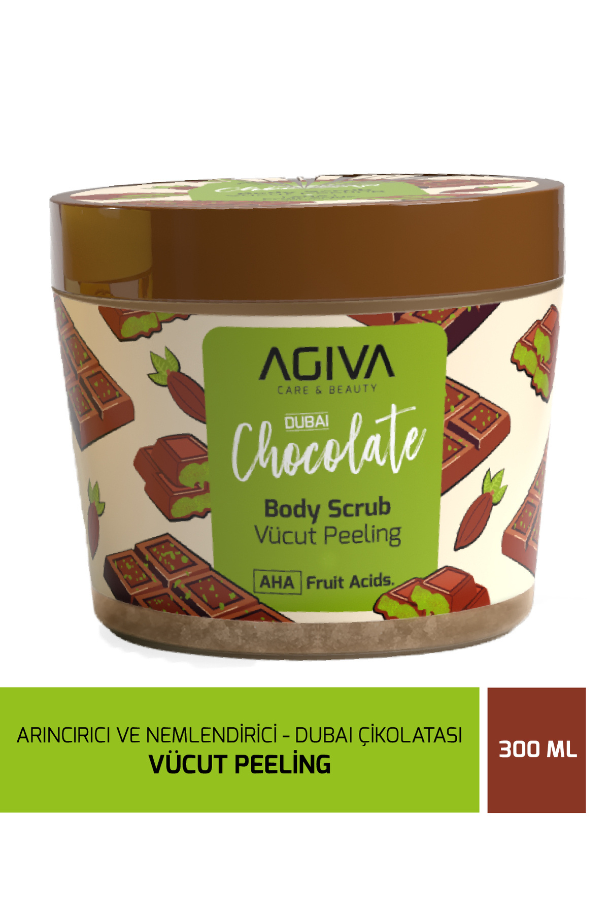 agiva care& beauty Dubai Çikolatası Arındırıcı Nemlendirici Vücut Peeling – Pürüzsüzleştirici AHA Meyve Asitli 300 ml — 001-MKJ-048
