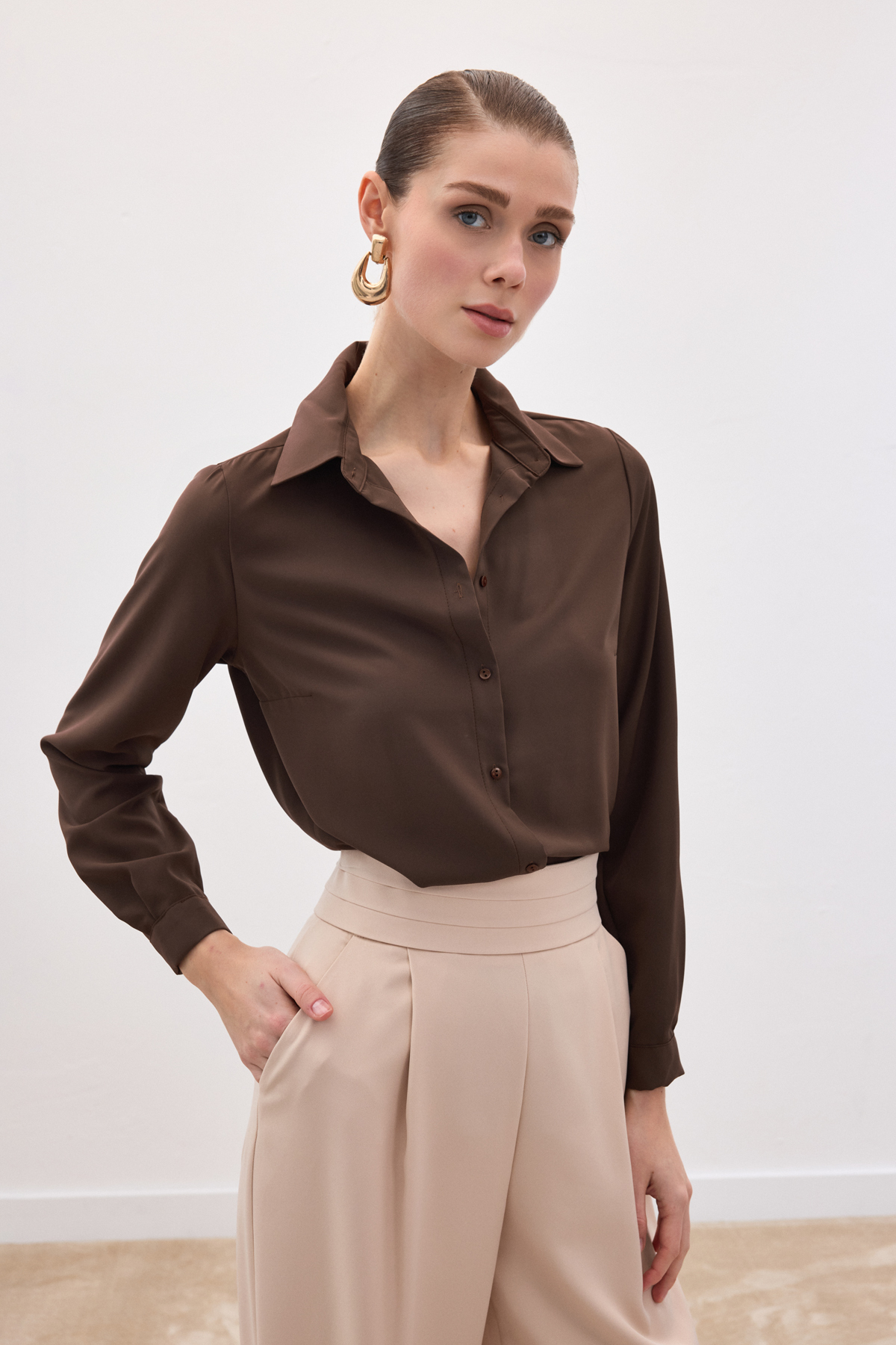 Sateen  Düz Klasik Gömlek - Kahve - Görsel 3