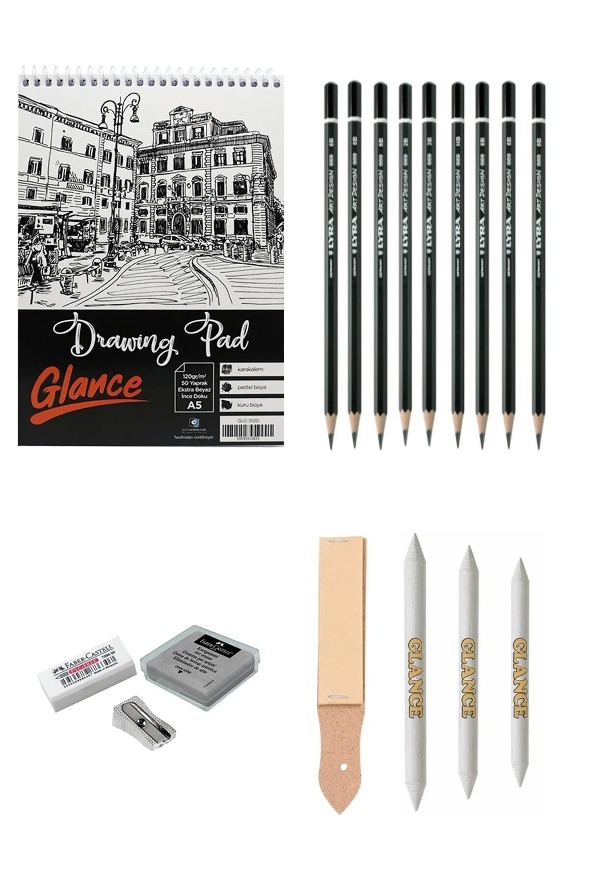 GLANCE Eskiz Defteri A5 120 gram 50 Yaprak Conte A Paris Lyra Dereceli Kalem Eskiz Çizim Seti Kalem Zımpara