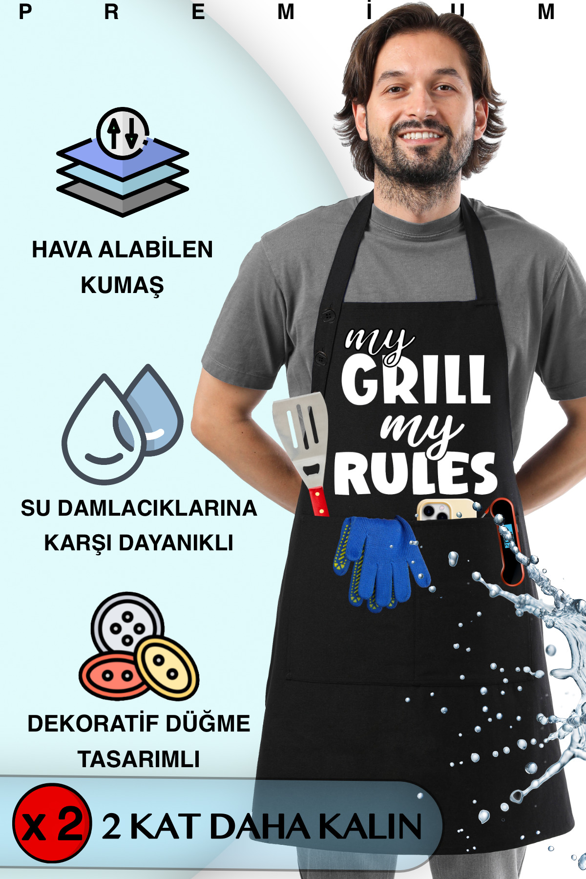 Kitchen Apron Waterproof BBQ Apron, Chef Apron 2 Wide Pockets Barista Apron, Apron Black
