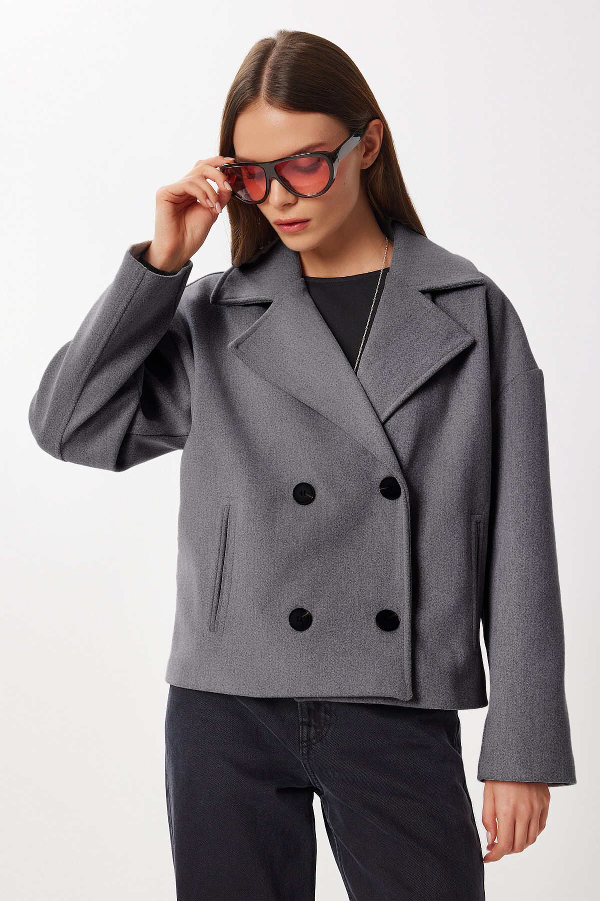 Lovelyİstanbul  Kruvaze Kısa Kaşe Kaban LGP0029 GRİ - Görsel 2