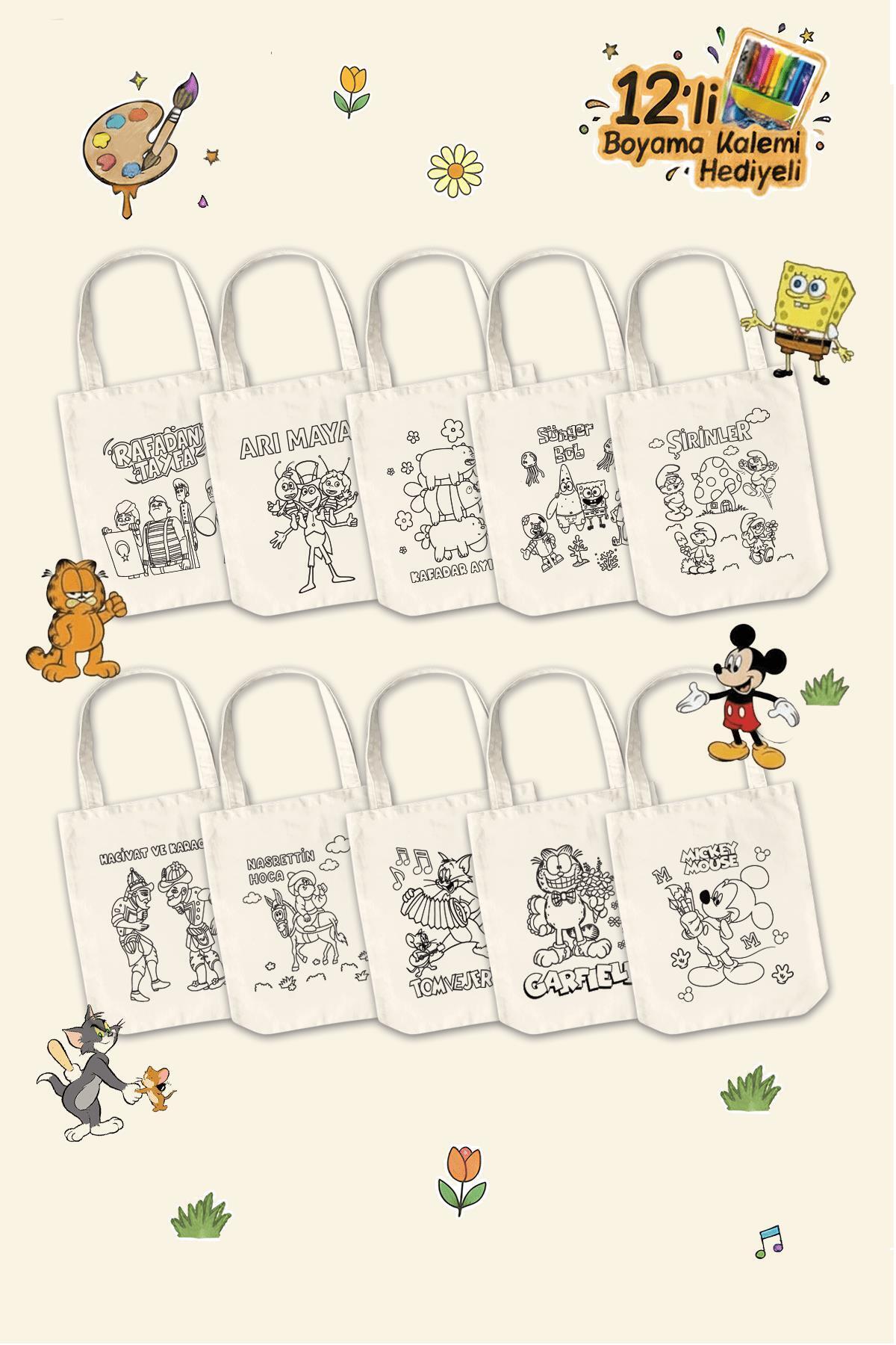 Çınar Bez Çanta Çizgi Film Desenli Boyama Çantası - 10 Adet