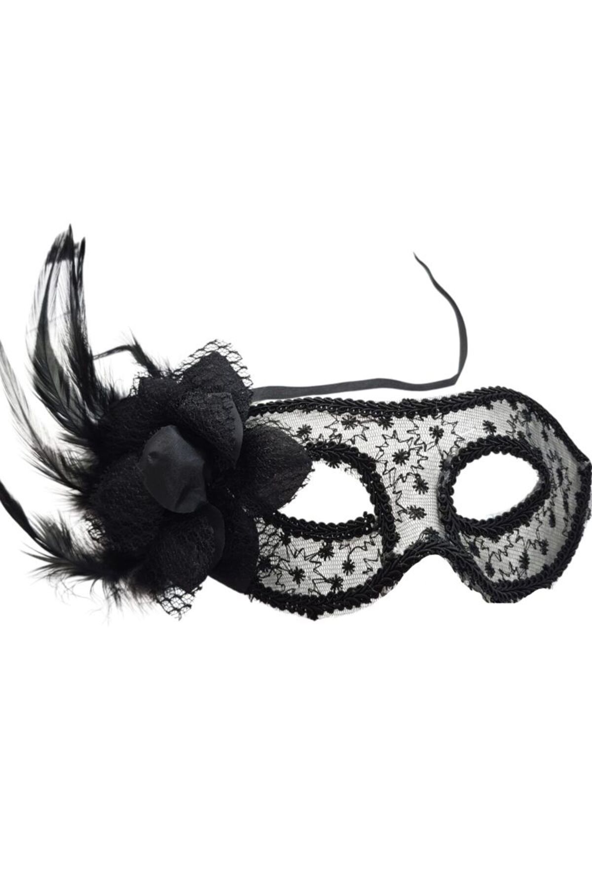 partidolu Siyah Dantel İşlemeli Güllü Tüylü Wedding Arkadan Bağlamalı Balo Maskesi 1 Adet bride hall