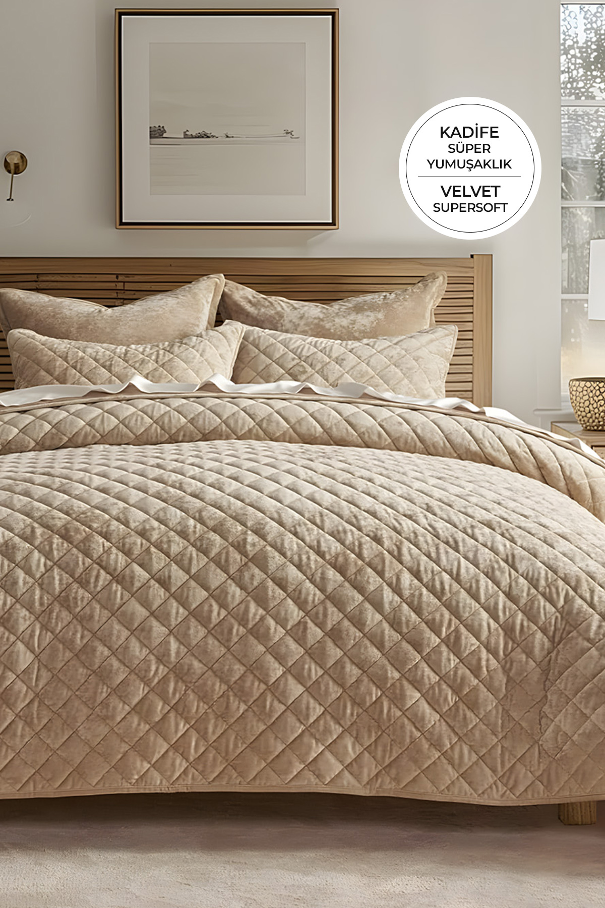 Quilted Velvet Bedspread Set Double Supersoft 3-Piece Dowry with Soft Fiber Fill Beige