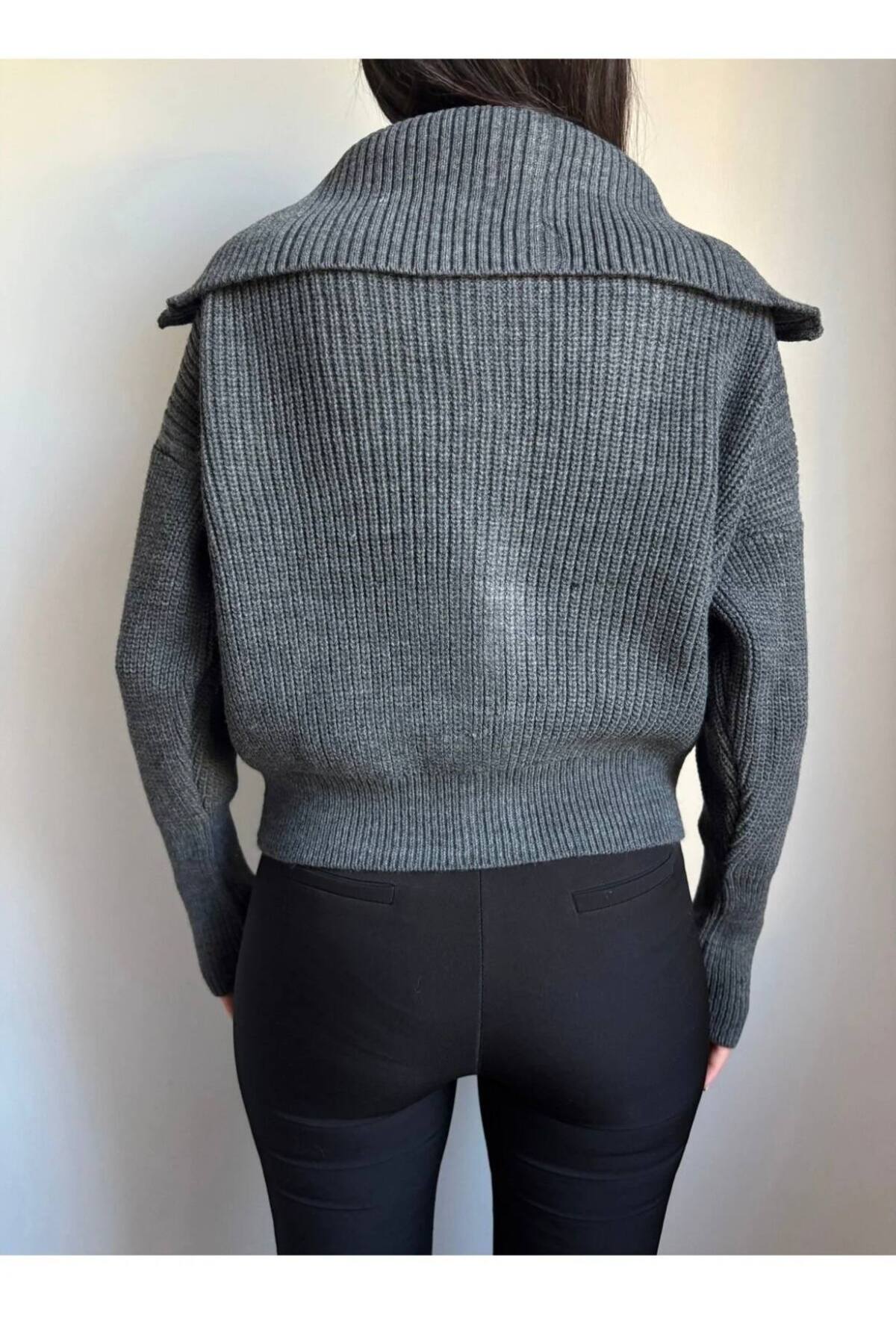 Nopen Knitwear Kadın Antrasit Gri Fermuarlı Triko Hırka görsel 4