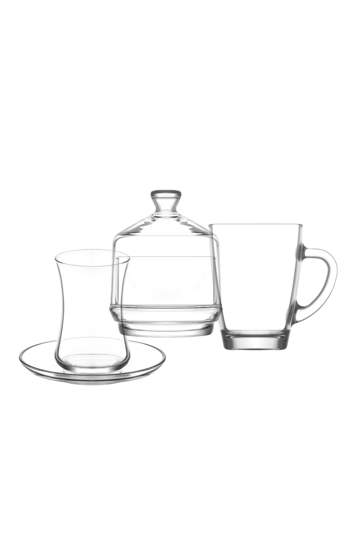 Chat Glass Cup Set of 19 (6 Tea Cups, 6 Saucers, 6 Mugs, 1 Sugar Bowl)