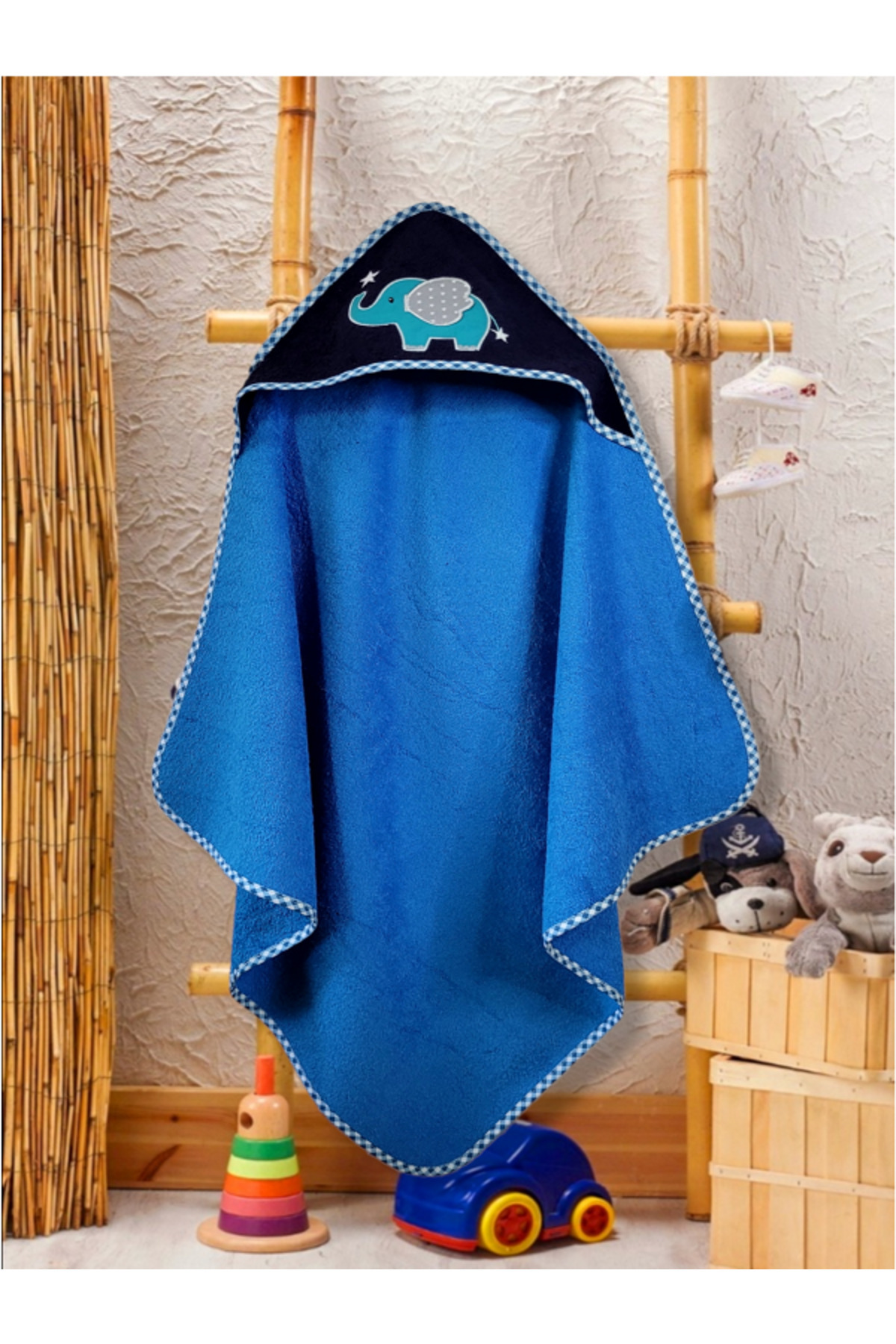 Alpar Tekstil %100 Pamuklu Kız-erkek Bebek/yenidoğan Ihracat Banyo Havlu Kundak 80x80cm Mavi/ Fil fotoğrafı 2 (önizleme)