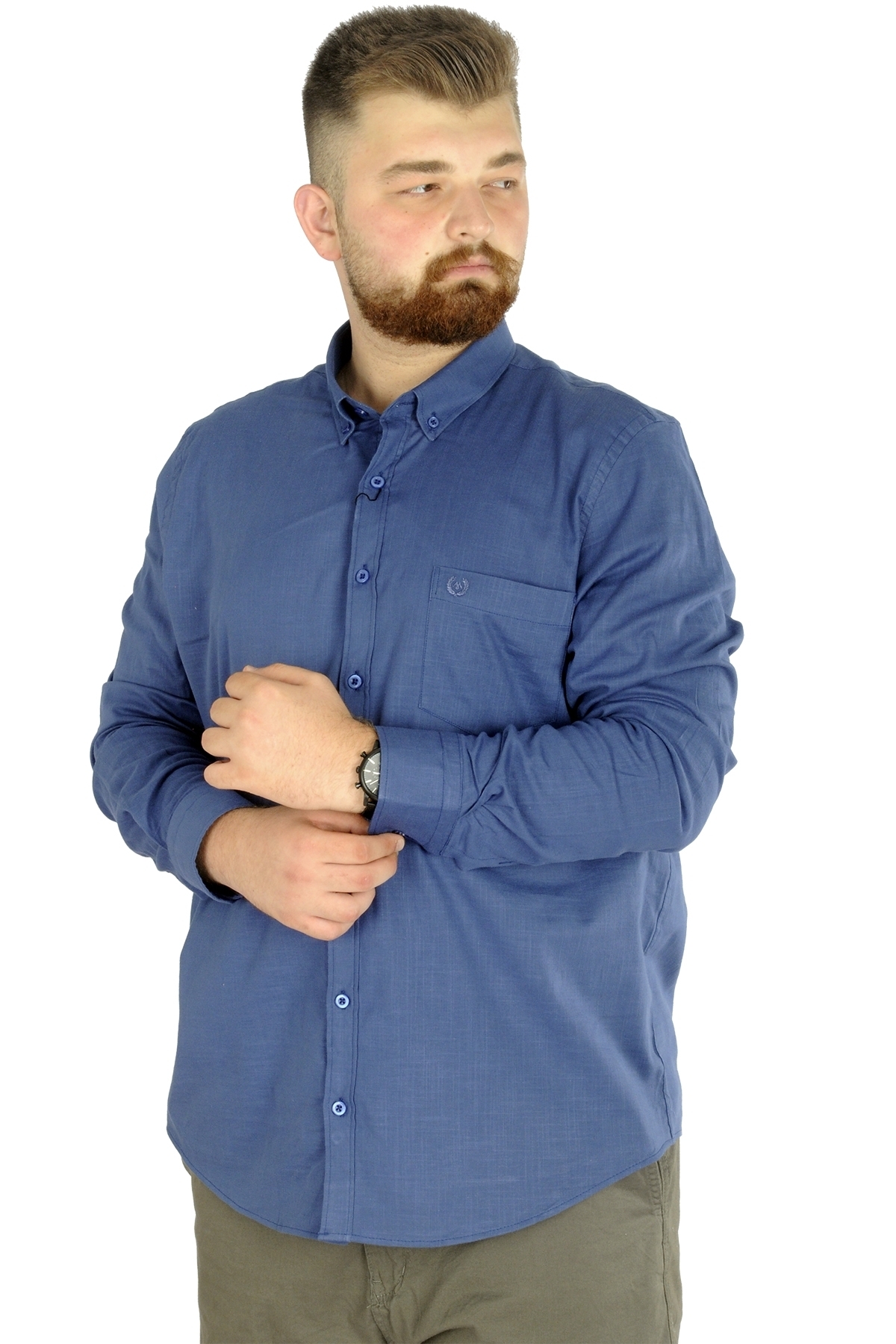 ModeXL Mode Xl Büyük Beden Erkek Keten Cepli Gömlek 20386 Indigo