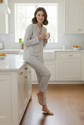 Bravie Luxury Viscose Gri Çizgili Kadın Pijama Takımı – 42547