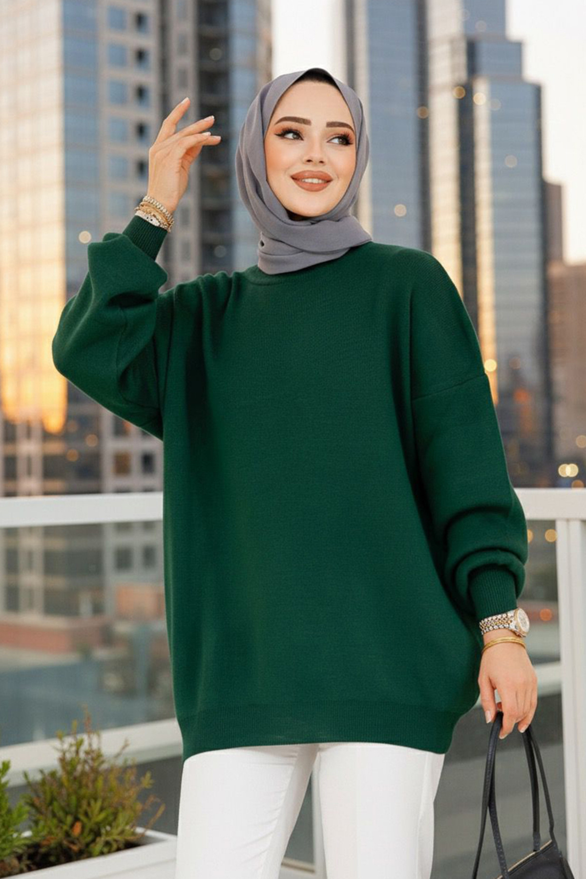 Neva Style Zümrüt Yeşili Tesettür Kazak Tunik 17201ZY