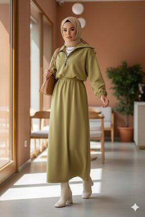 onlymoon Kadın Yeşil Scuba Elbise ◆ Kuşaklı Oversize Rahat Kalıp ◆ Günlük Rah...