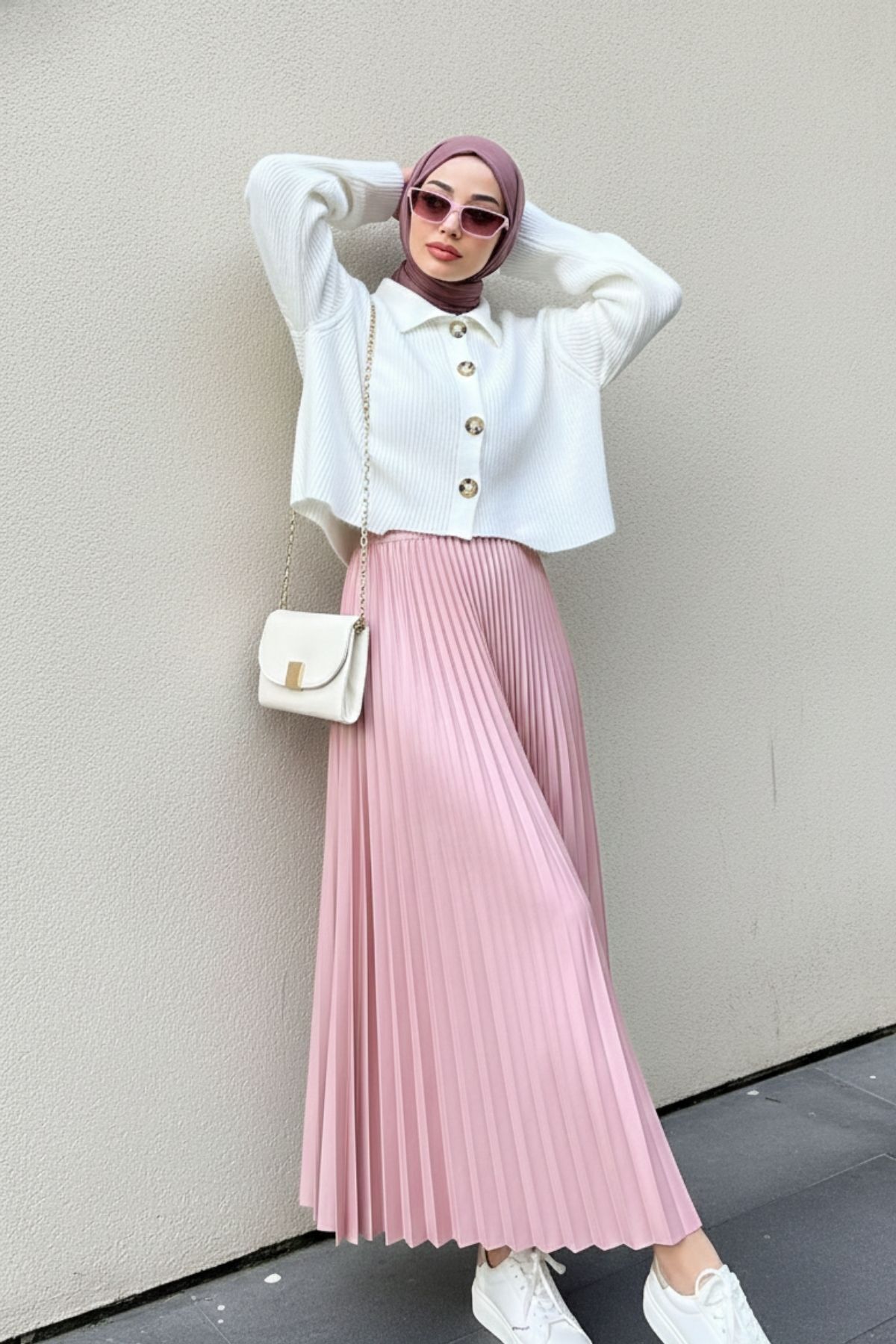 comstar  Kadın Basic Yüksek Bel Piliseli Bol Pembe Uzun Etek - Görsel 3