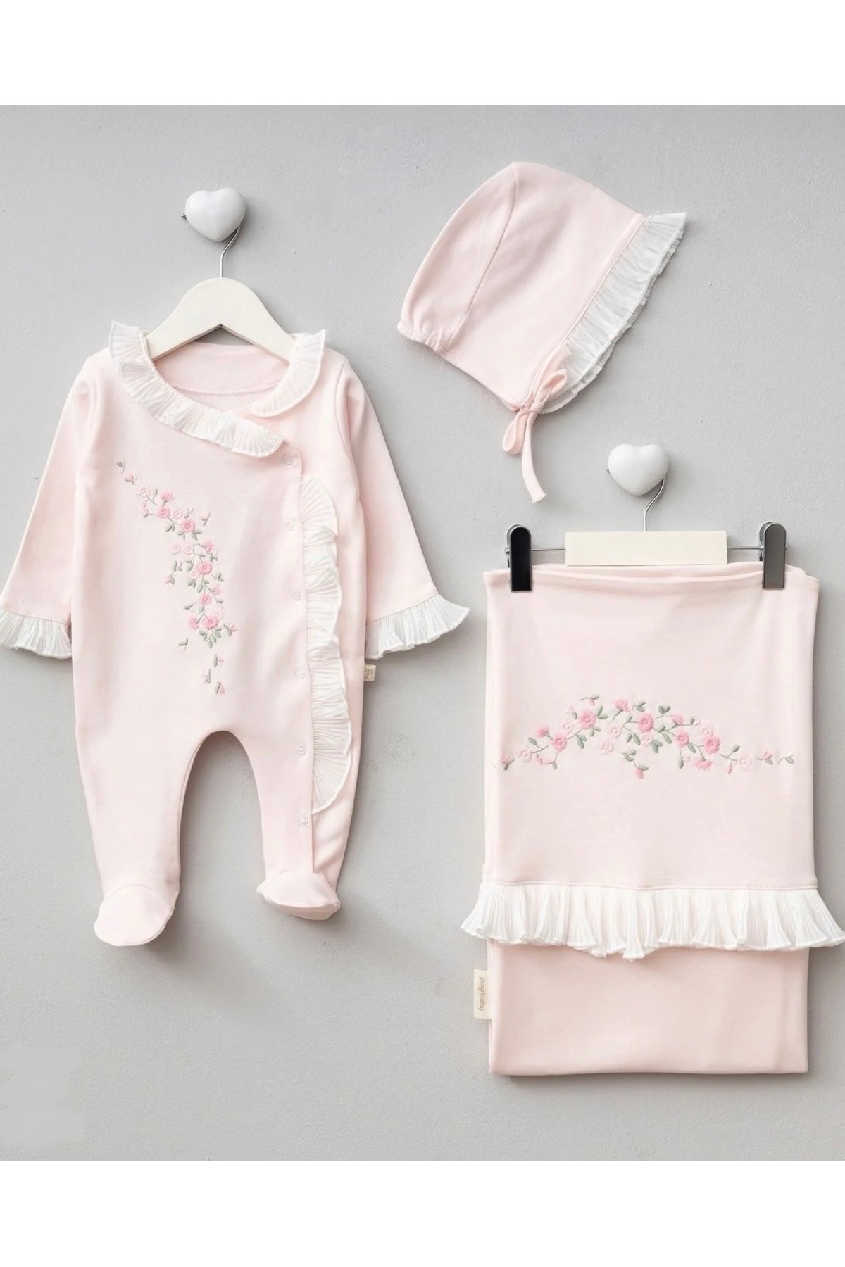 Mert Baby Çiçek Nakışlı Dantel Detaylı 3'lü Organik Hastane Çıkış Seti %100 Pamuk Yenidoğan Kız Bebek fotoğrafı 2 (önizleme)