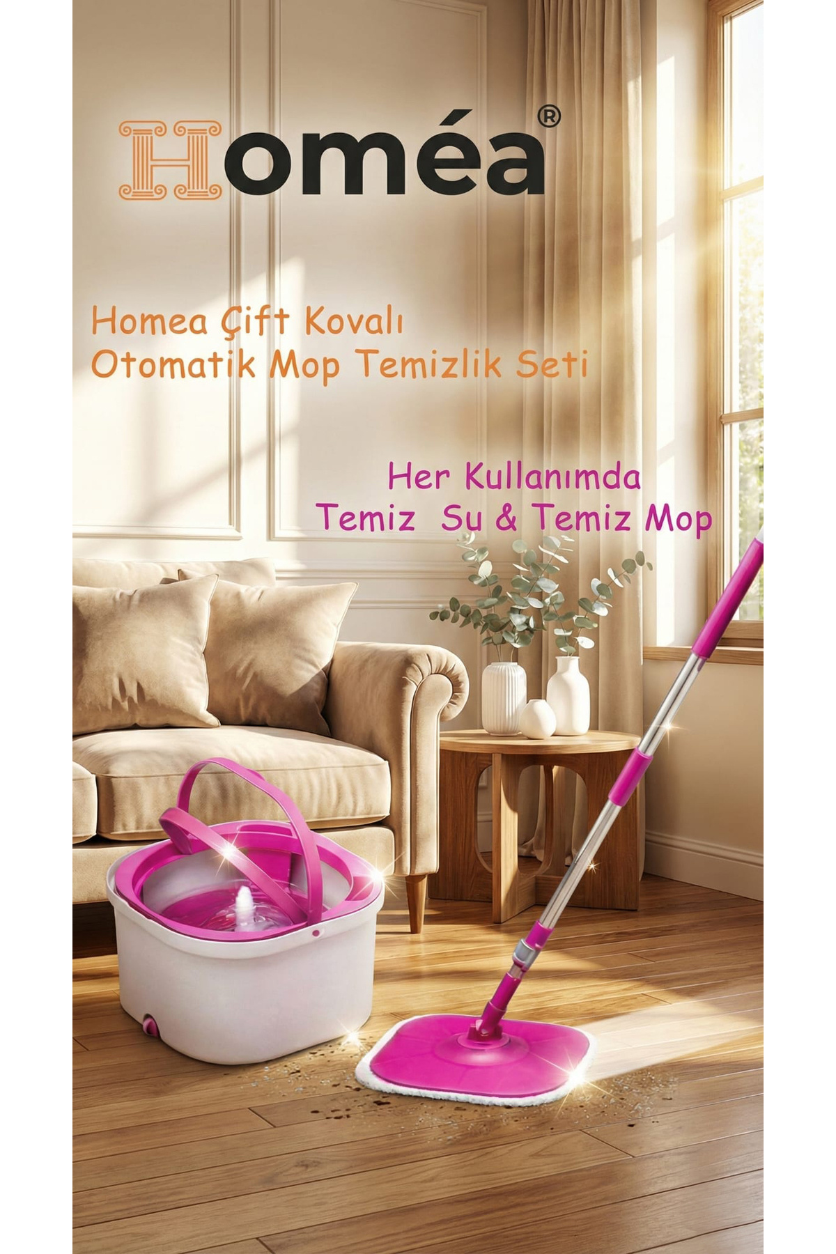 Homea Çift Kovalı Otomatik Mop Temizlik Seti | Temiz & Kirli Su Ayrışmalı, Kendini Sıkan Mikrofiber Paspas