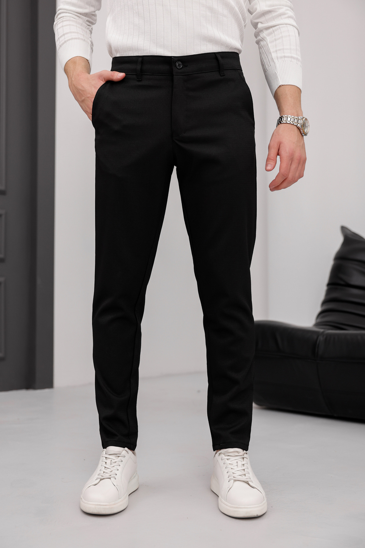 MODAMESTO Erkek Slim Fit Siyah Likralı Keten Pantolon