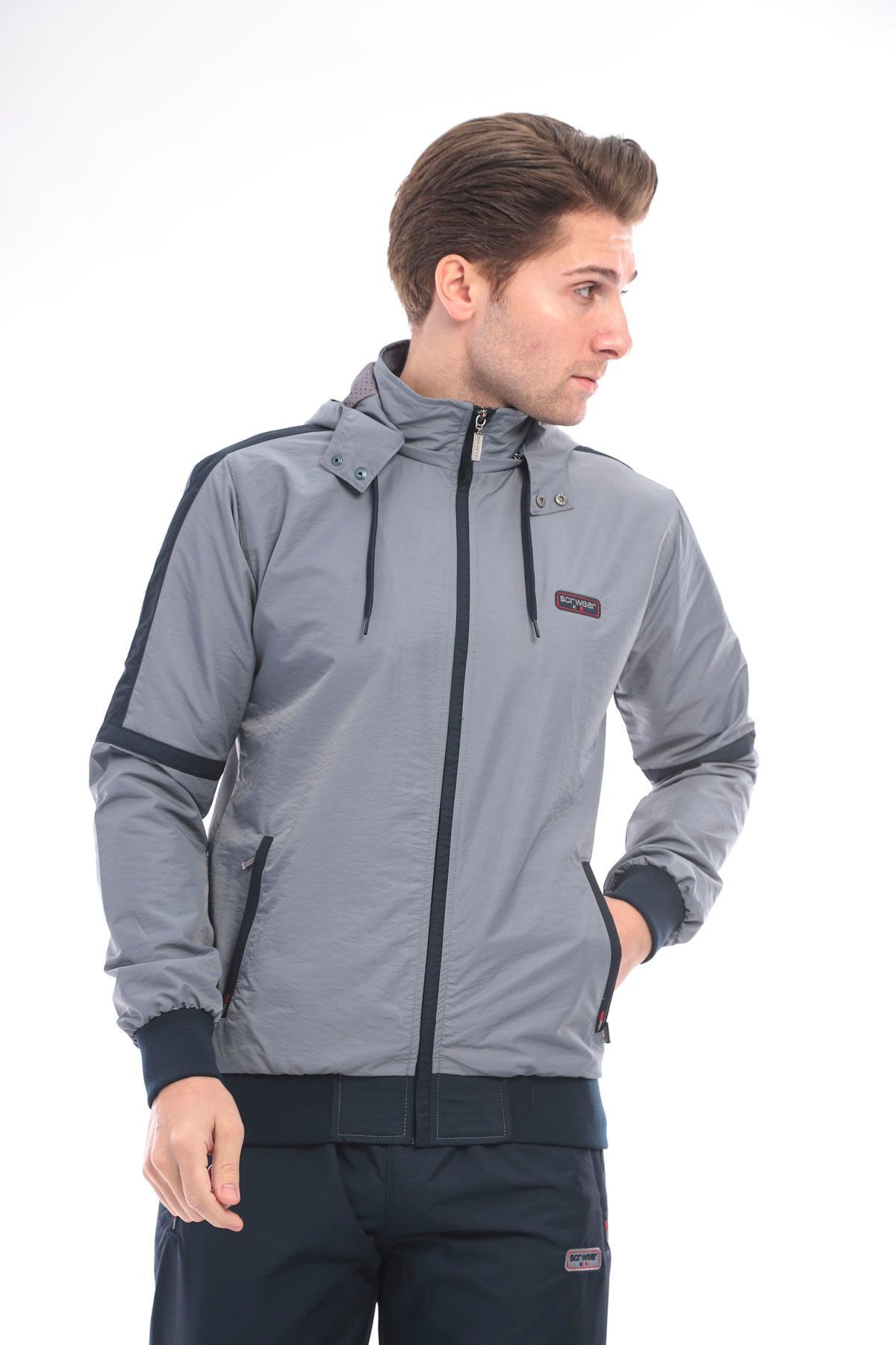 Twill Penye Kumaş Çıkma Kapüşonlu Erkek Spor Eşofman Takımı 4351 — خاکستری — تصویر 4 از 9