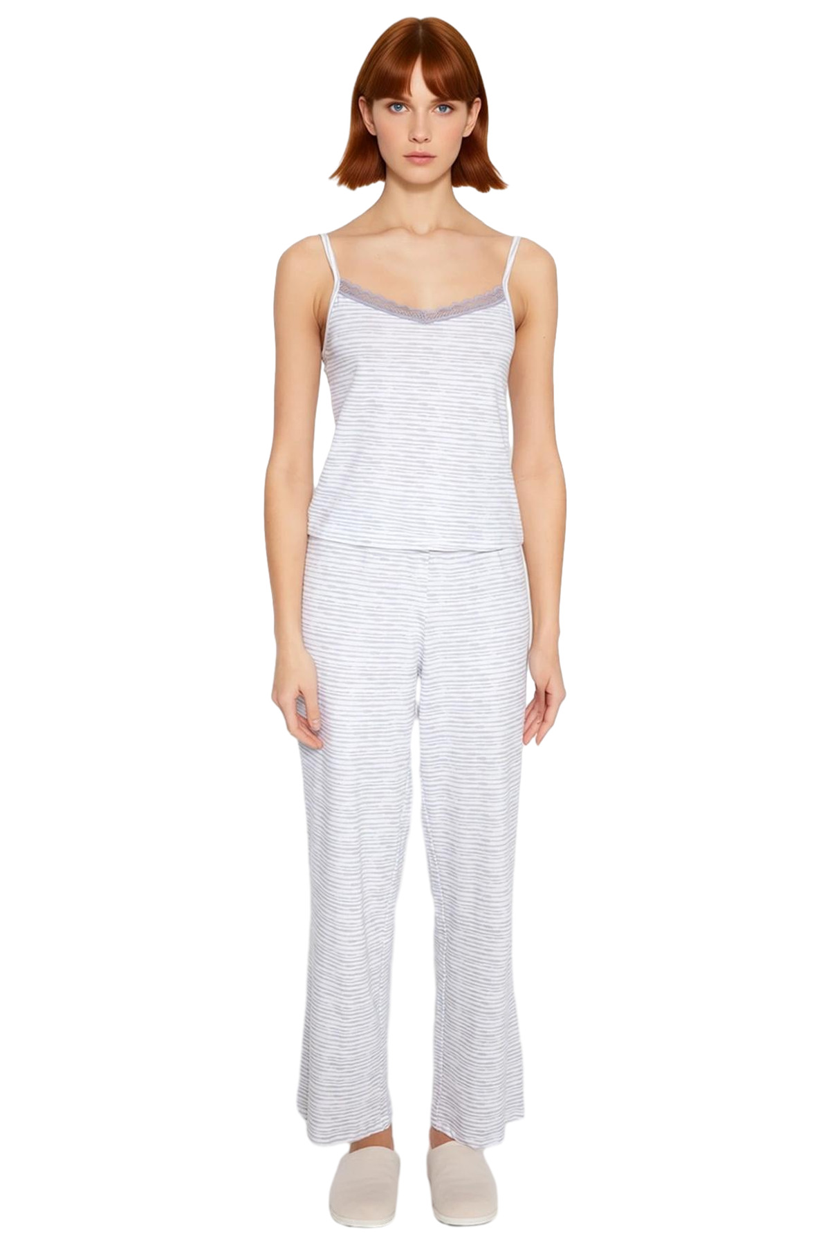 Kadın Rahat Pamuklu Çizgili Pijama Takımı İnce Askılı V Yaka Homewear Uzun Ömürlü Özel Tasarım