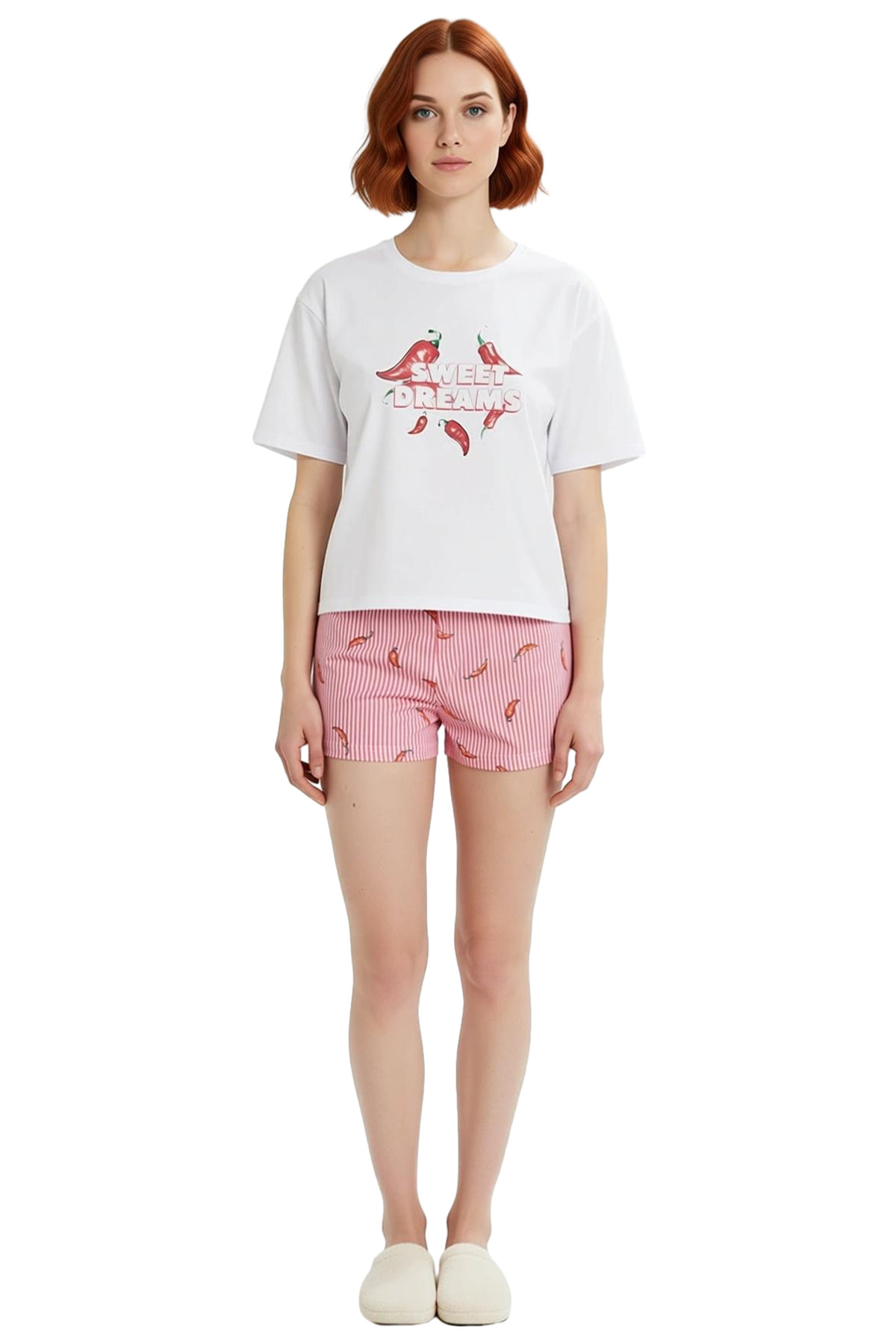 Kadın Kısa Kollu Bisiklet Yaka Pamuklu Pijama Takımı Yazlık Rahat Homewear Seçkin Malzeme