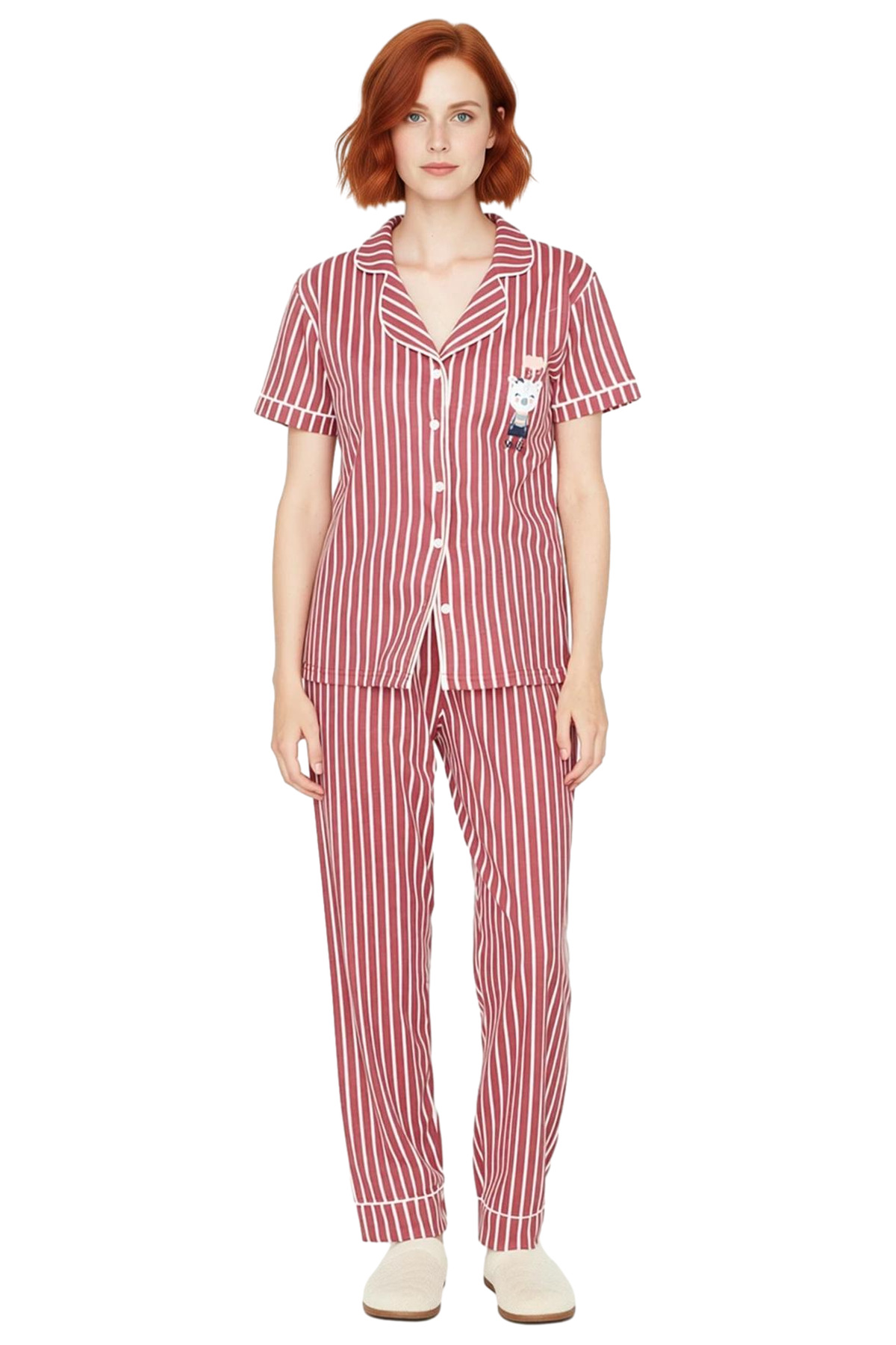 Kadın Kısa Kollu Çizgili Pamuklu Pijama Takımı Rahat Ev Giyim Seti Özenle Seçilmiş