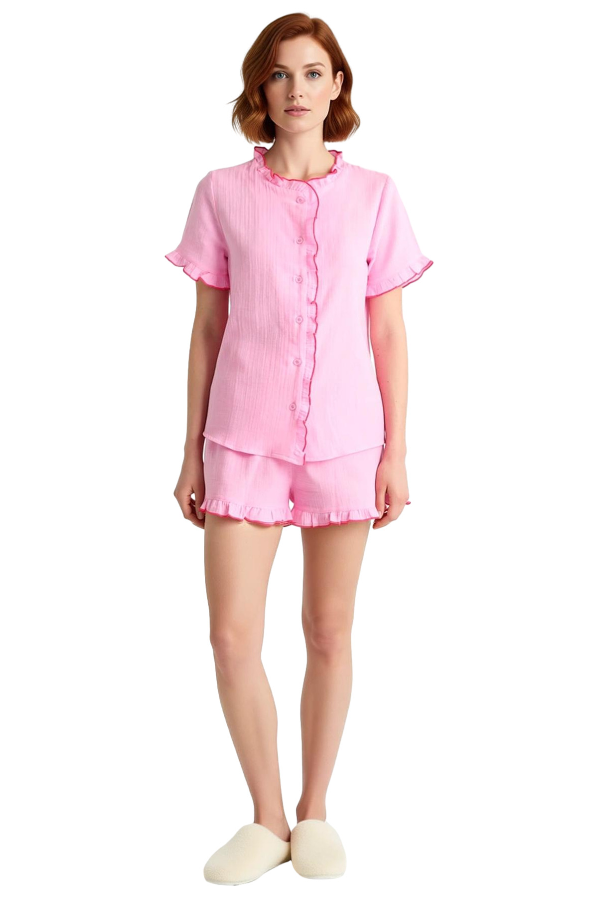 Kadın Pamuklu Fırfırlı Müslin Pijama Takımı Konforlu Kesim Mükemmel Uyum Modern Stil