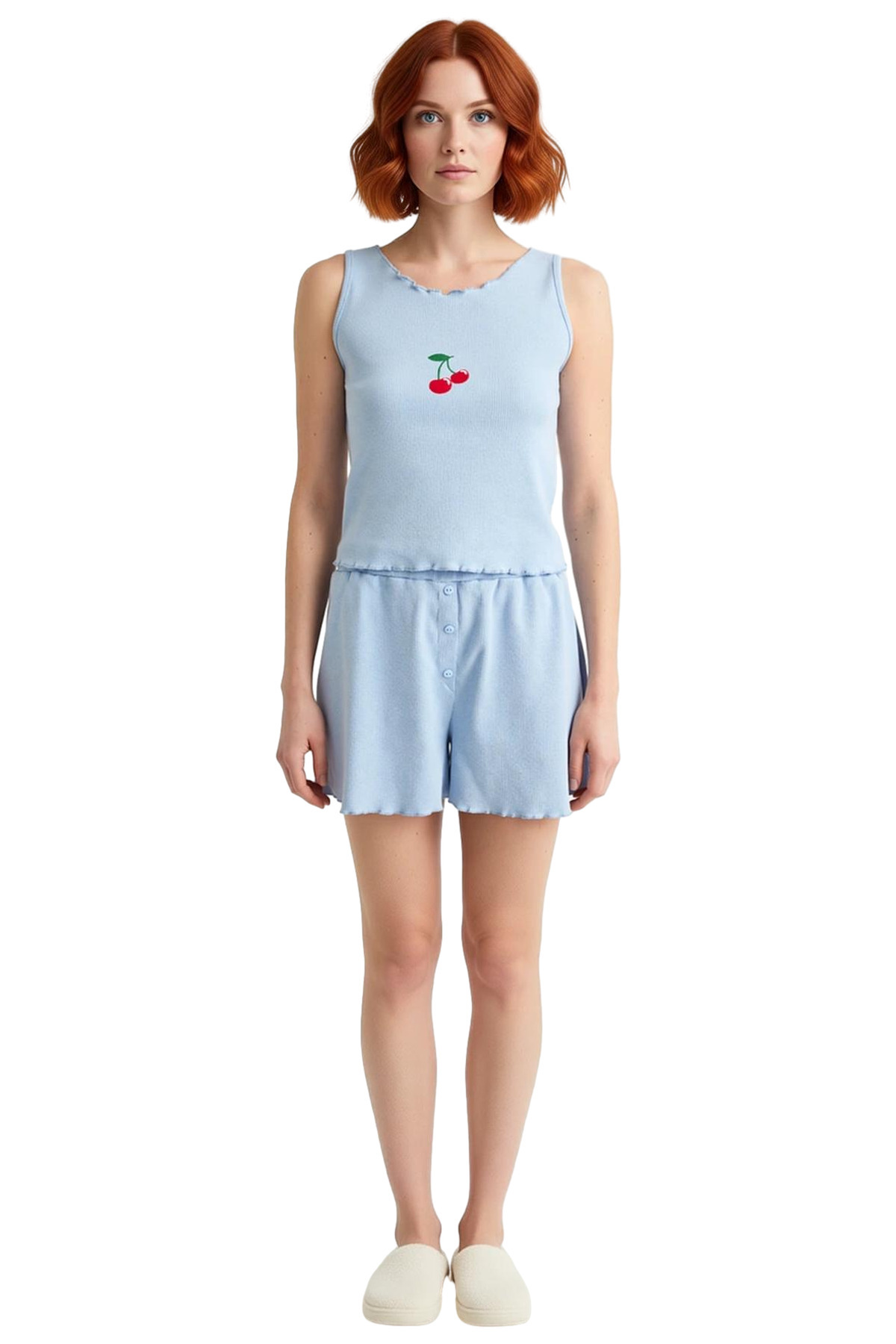 Kadın Yazlık Örme Pijama Takımı Kiraz Nakışlı Rahat Kalıp Dayanıklı Malzeme
