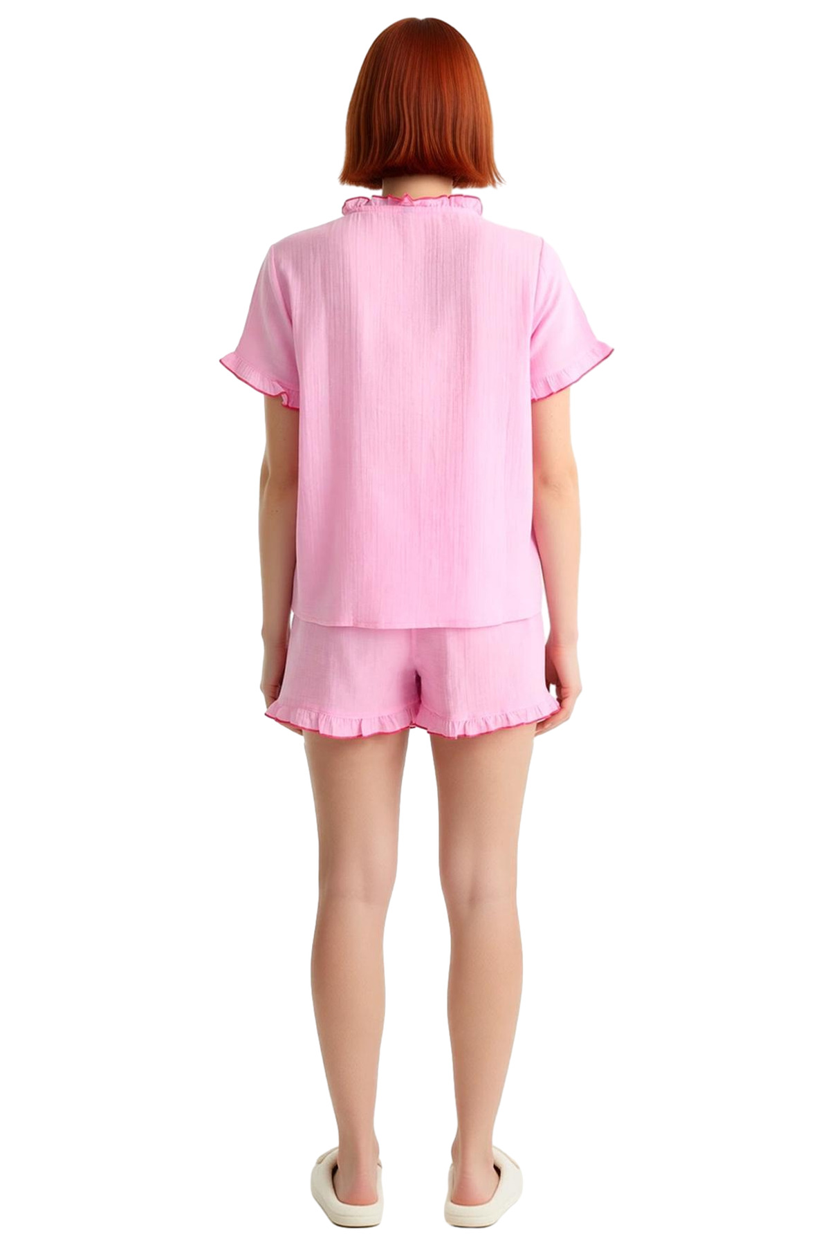 Kadın Pamuklu Fırfırlı Müslin Pijama Takımı Konforlu Kesim Mükemmel Uyum Modern Stil