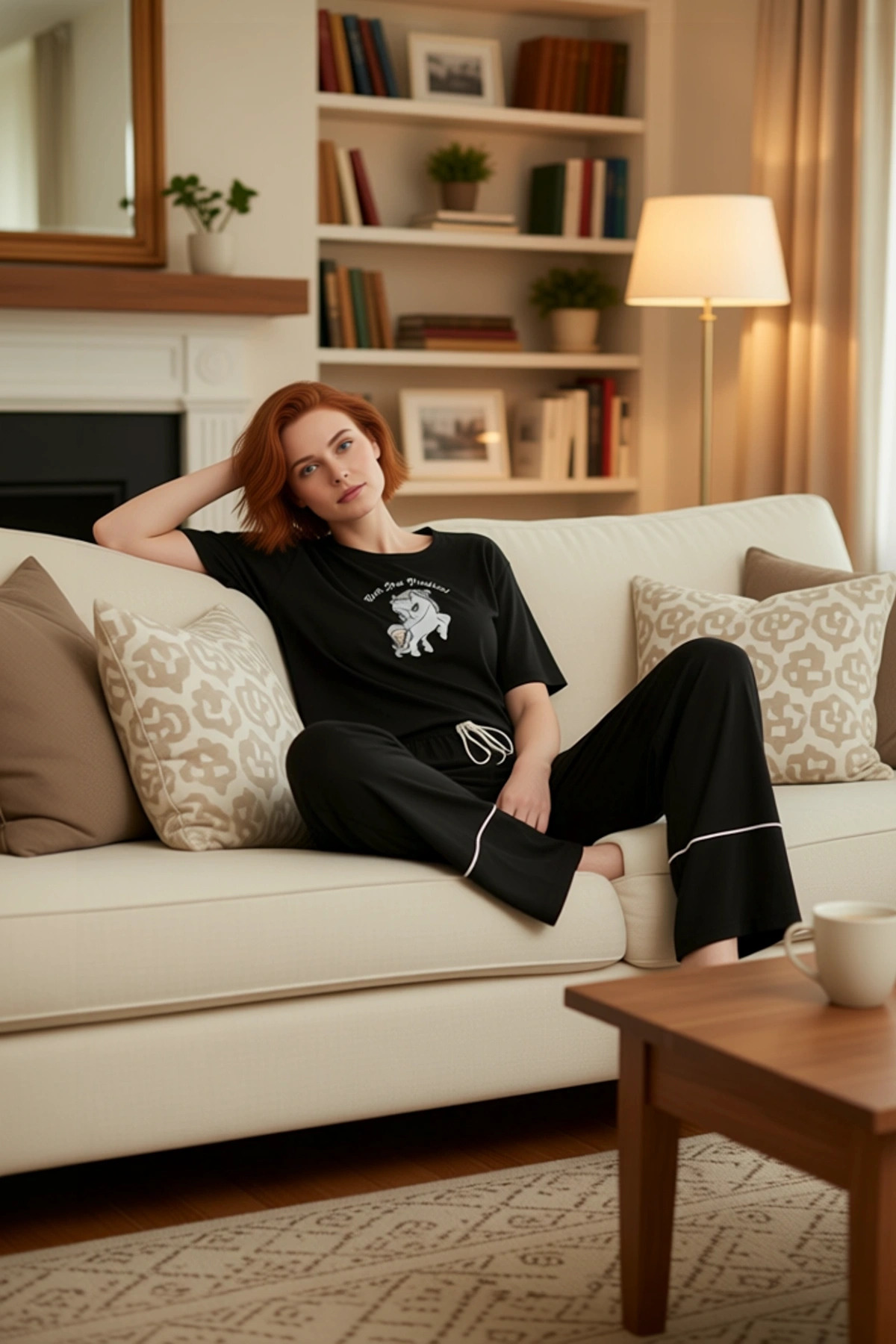 Kadın Melanj Pamuklu Pijama Takımı Unicorn Baskılı Rahat Ve Şık Günlük Kullanım İçin
