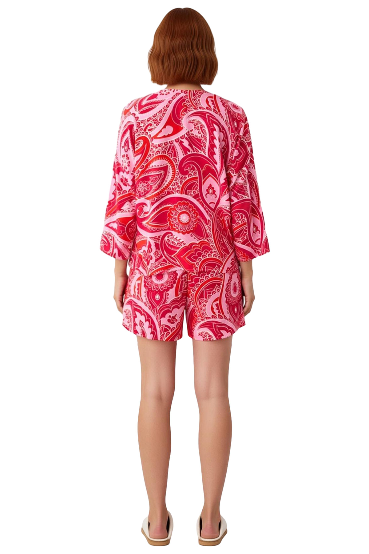 Kadın Şık Etnik Desenli Viskon Pijama Takımı Rahat Kalıp Yazlık Homewear Modern Stil Kullanım