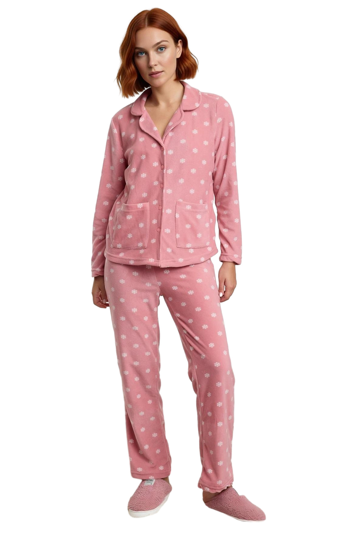 Kadın Kışlık Polar Örme Pijama Takımı Baskılı Desenli Uzun Paça Yüksek Kalite Rahat Ve Şık