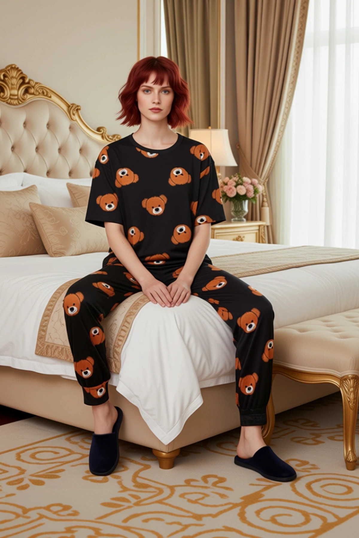 Kadın Ayıcıklı %100 Pamuklu Pijama Takımı Rahat Boru Paça Lounge Giyim Yüksek Kalite