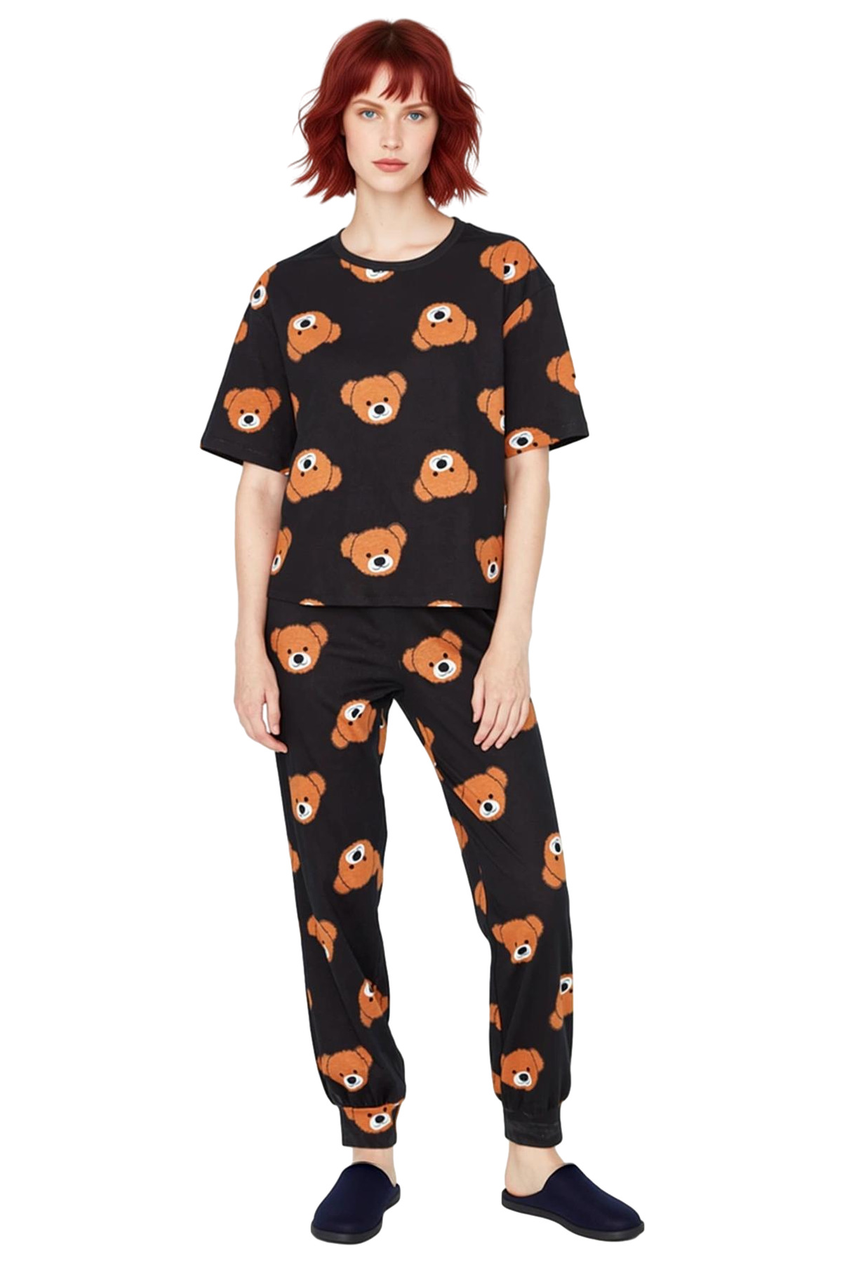 Kadın Ayıcıklı %100 Pamuklu Pijama Takımı Rahat Boru Paça Lounge Giyim Yüksek Kalite