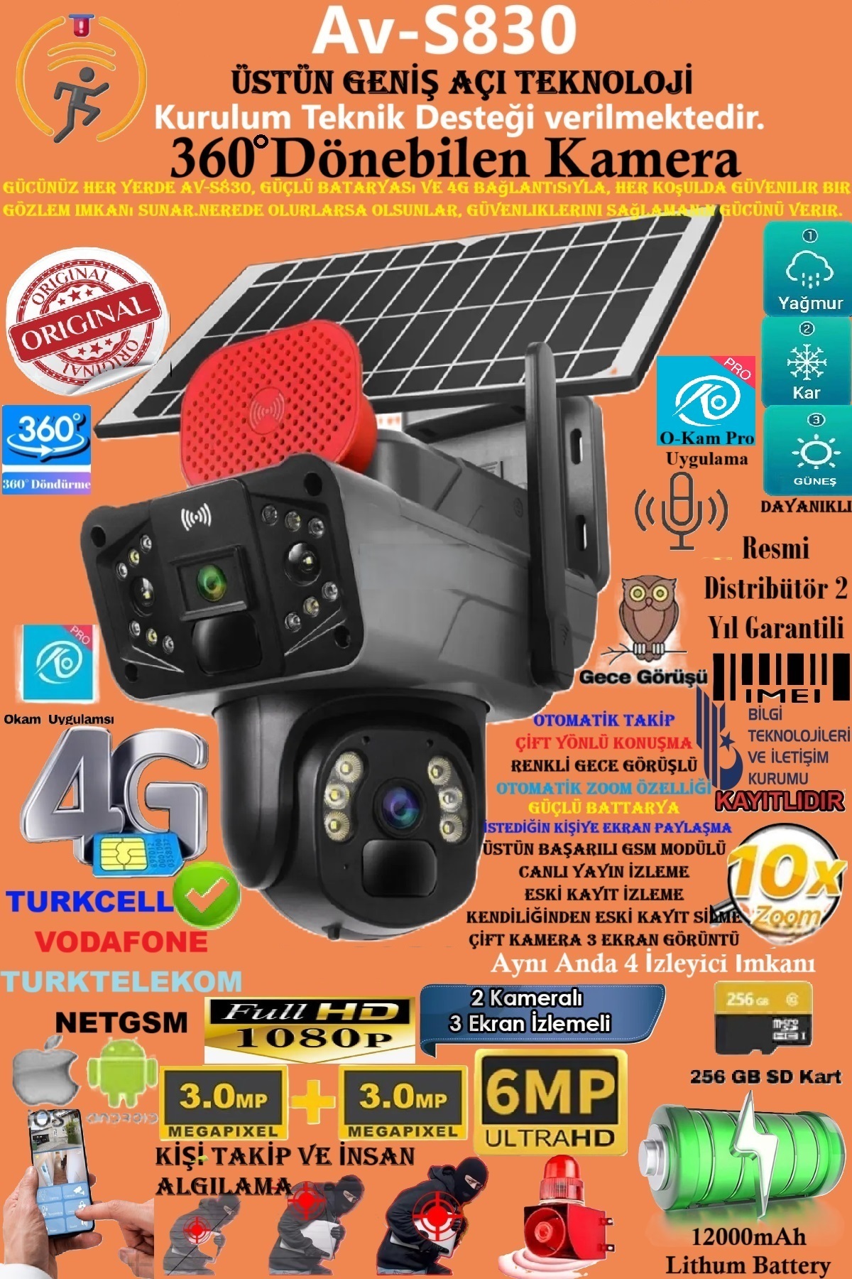 TRCharger Av-s830 Güneş Enerjili Sim Kartlı 4g 6mp Solar Güvenlik Kamerası,10x Zoom,360 Güçlü Batarya
