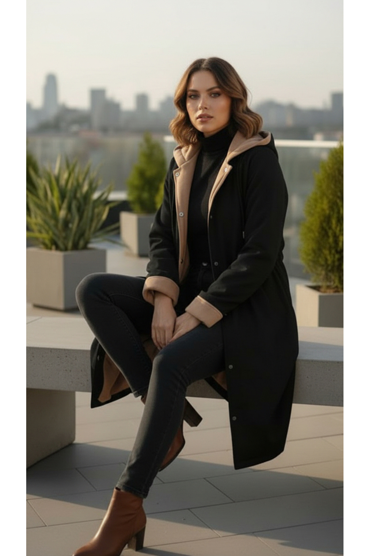 Little Visqon  Kapüşonlu İçi Kaşe Su Geçirmez Mikro Kumaş Midi Boy Mont - Görsel 5