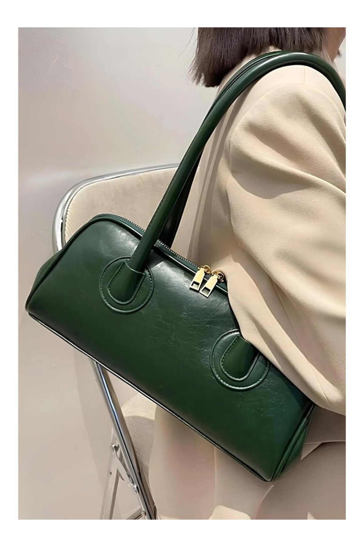 كاكي Meva Çift Fermuarlı Haki Baget EL ve Kol Çantası Shopper Model görünüm 2