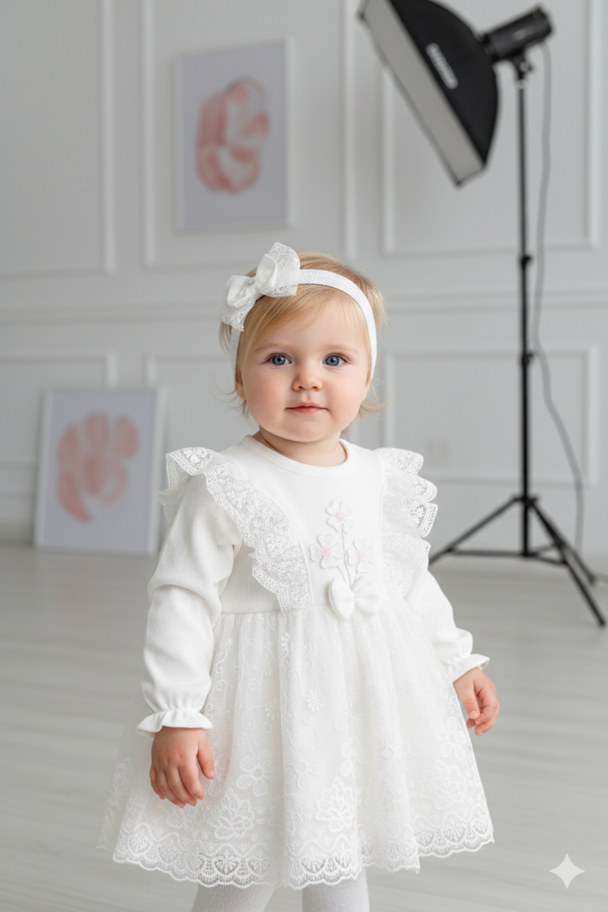 Miniday Baby Kız Bebek Mevlütlük Elbise Bandanalı Dantelli ELB1066 fotoğrafı 6 (önizleme)