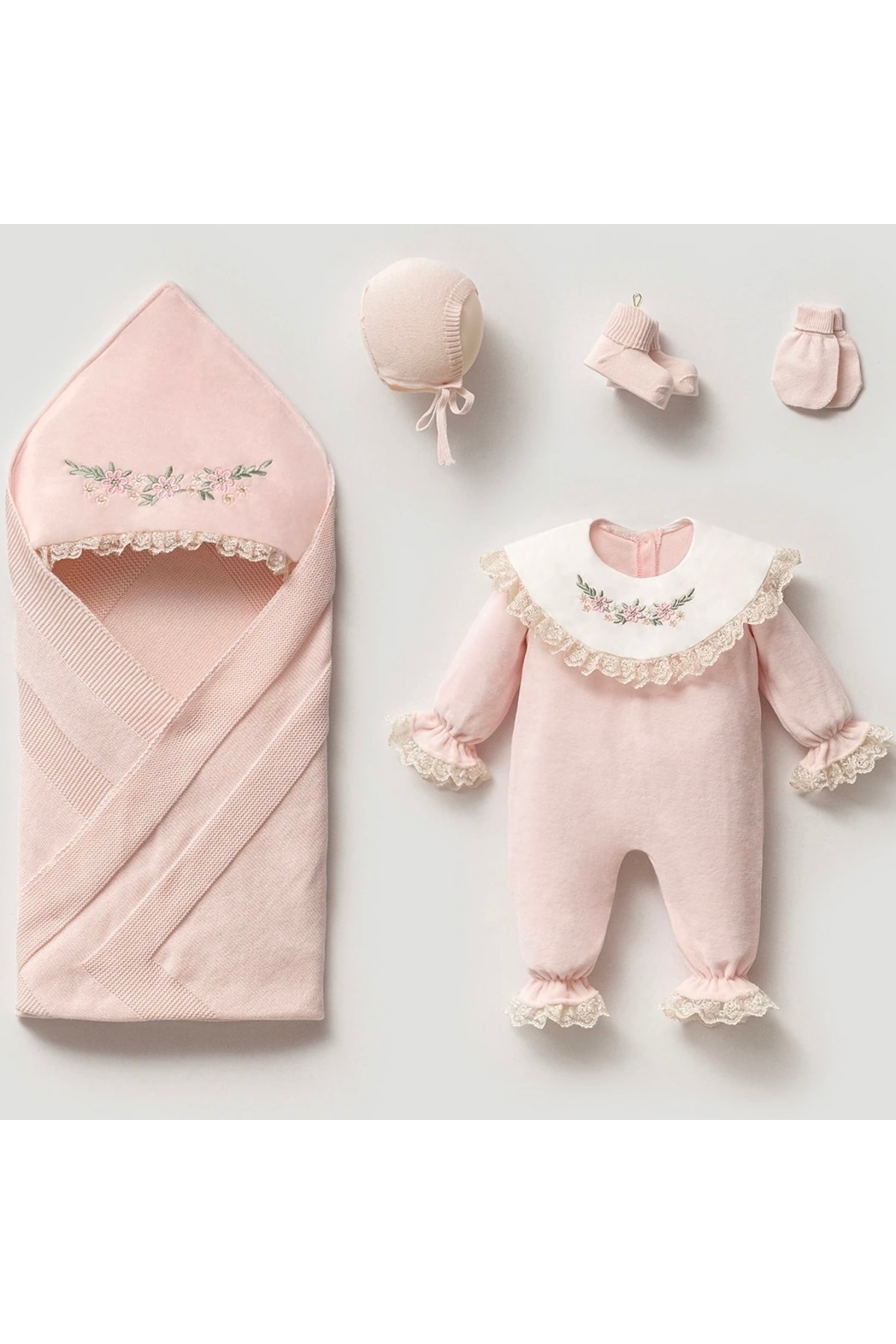 Mert Baby Melisa Kadife 5'li Çiçek Nakışlı Organik Hastane Çıkış Seti %100 Pamuk Yenidoğan Kız Bebek fotoğrafı 5 (önizleme)